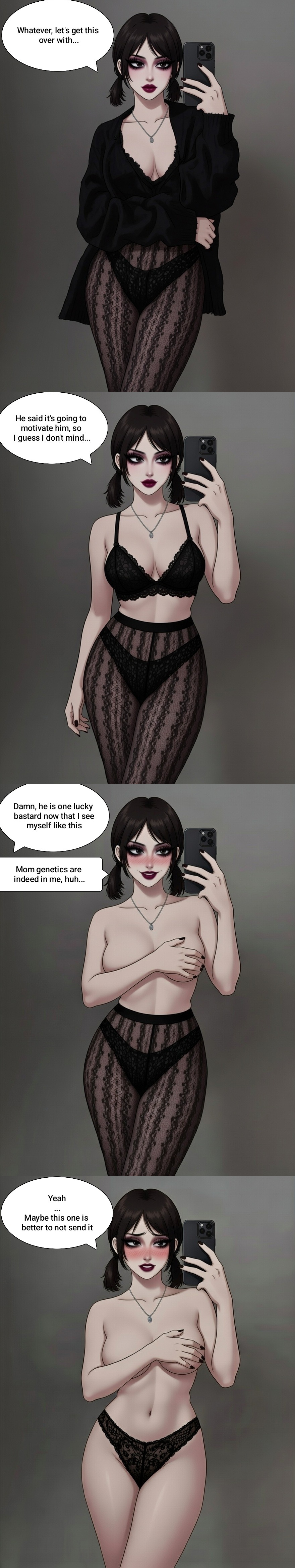 4 panel comic, ai assisted, ai generated, bare breasts, bare shoulders, belly button, black hair, black lingerie, black nail polish, black panties, blush, bra, breasts covered, cleavage, covering breasts, dark red lipstick, embarrassed, embarrassed female, embarrassed nude female, goth, goth girl, goth makeup, gothic, gothic girl, grok, hands on breasts, hourglass figure, lingerie, lingerie only, lipstick, medium breasts, nail polish, necklace, pale skin, pale-skinned female, panties, panties only, pantyhose, red lipstick, shirt, slim waist, smirk, smirking, tagme, teenager, text, text box, text bubble, the addams family, tied hair, wednesday addams, wide hips