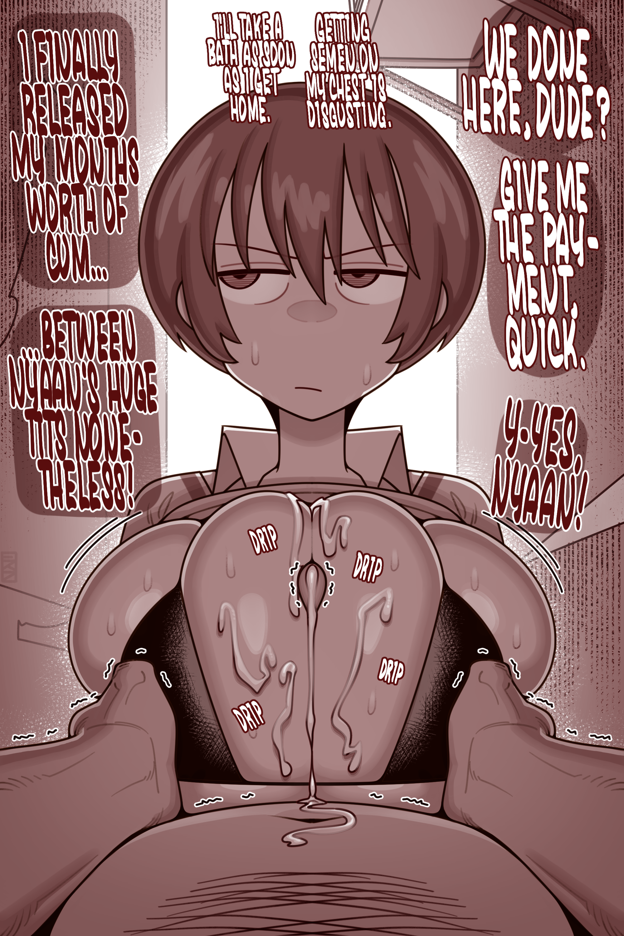 1boy, 1girls, 2d, after paizuri, after sex, alley, alleyway, amate yuzuriha, annoyed, annoyed expression, avoiding eye contact, bbm, big breasts, bikini, bikini top, boobjob, breasts, comic, comic page, cum, cum on breasts, curvy, curvy figure, ejaculation, ekz, emotionless, emotionless sex, english, english text, erection, expressionless, fat man, female, first person view, gundam, gundam gquuuuuux, looking away, male, mini bikini, monochrome, older male, older male and younger female, outdoors, outside, paizuri, paizuri under clothes, penis, pov, prostitution, semen, shirt lift, shirt up, short hair, story, sweat, sweatdrop, swimsuit, teenage female, teenager, tired, tired eyes, tired look, tomboy, western art, younger female