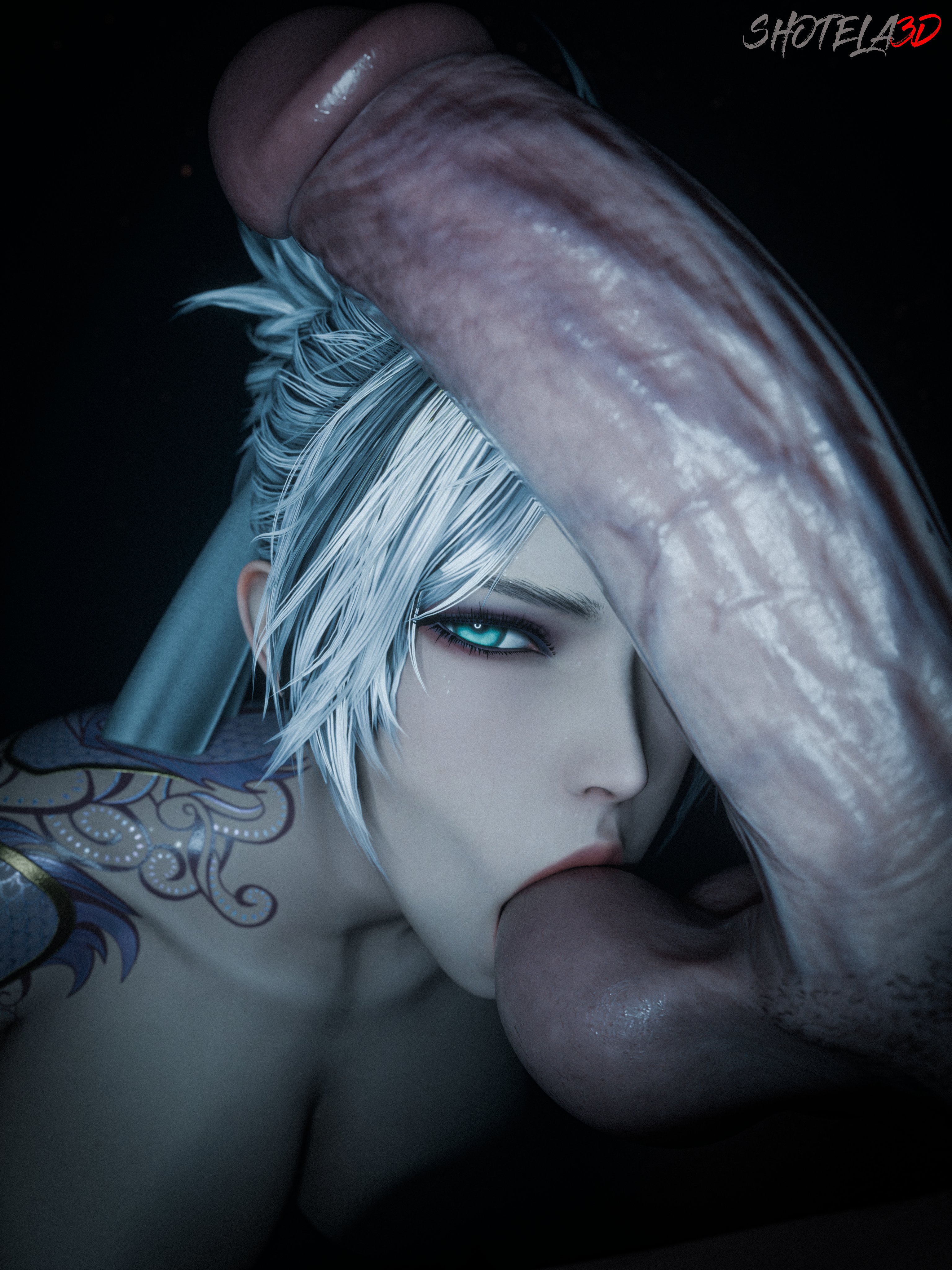 1girls, akali, akali jhomen tethi, ass, big ass, big breasts, big penis, blowjob, breasts, corruption, female, hair ornament, hair ribbon, hair tied, league of legends, looking at viewer, male, naked, penis, riot games, ruined king symbol, shotela3d, tattoo, tattooed arm, white hair