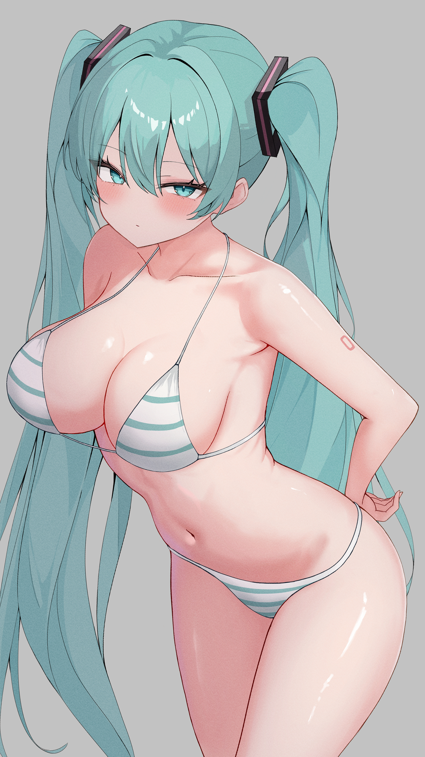1girl, absurdres, alternate breast size, aqua eyes, aqua hair, bangs, bikini, blush, breasts, cleavage, collarbone, eikawa suru, expressionless, female, grey background, hair between eyes, hair ornament, hand on own back, hand on own hip, hatsune miku, highres, horizontal-striped clothes, large breasts, long hair, looking at viewer, looking to the side, navel, number tattoo, shiny, shiny skin, simple background, solo, striped, striped bikini, striped clothes, swimsuit, tattoo, thighs, tsurime, twintails, very long hair, vocaloid, white background, white bikini