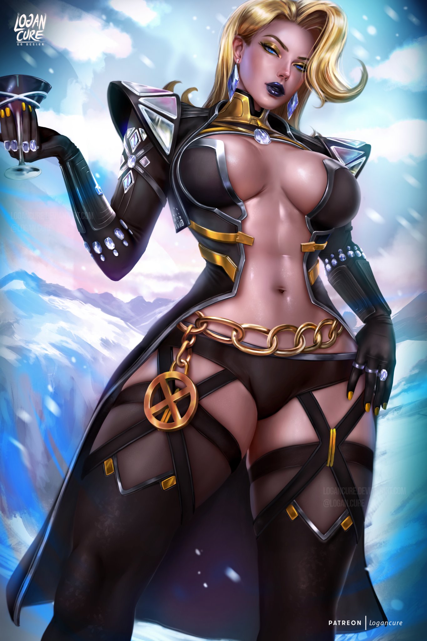 antsstylensfw, arm raised, arm up, bare thighs, belly button, below view, big breasts, black clothing, black lipstick, blonde female, blonde hair, blue eyes, blue nails, bob cut, boob window, boots, breasts, curvy, detailed background, earrings, emma frost, emma frost (marvel rivals), emma frost (x-revolution), eyelashes, eyeshadow, female, female focus, female only, flat belly, front view, gold eyeshadow, golden nails, hair behind ear, half-closed eyes, hand on hip, holding object, hourglass figure, legs, light skin, light-skinned female, logan cure, looking aside, looking at viewer, looking down, low-angle view, marvel, marvel comics, marvel rivals, mature, mature female, medium hair, milf, muscular, muscular female, muscular legs, muscular thighs, no bra, open clothes, open topwear, side view, small waist, solo, solo female, solo focus, thick legs, thick thighs, thighhigh boots, thighhighs, thighs, thin waist, topwear, viewed from below, viewed from front, viewed from side, wide hips, x-men