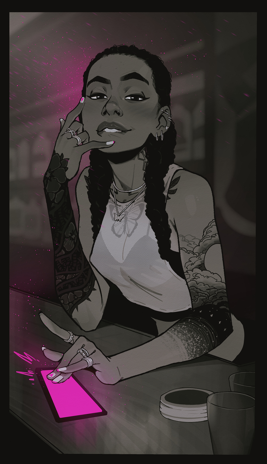 1girls, arm tattoo, biting lip, biting own lip, breasts, covered nipples, dark skin, dark-skinned female, ear piercing, female, female pervert, female pov, haylee (i will never forgive you), i will never forgive you, incase, long hair, looking at viewer, low twintails, monochrome, multiple rings, nail polish, naughty face, neck tattoo, nose piercing, original, piercing, pov, raised eyebrows, remote control vibrator, ring, sleeve tattoo, sleeveless, small breasts, solo, spot color, tattoo, tattooed arm, thick eyebrows