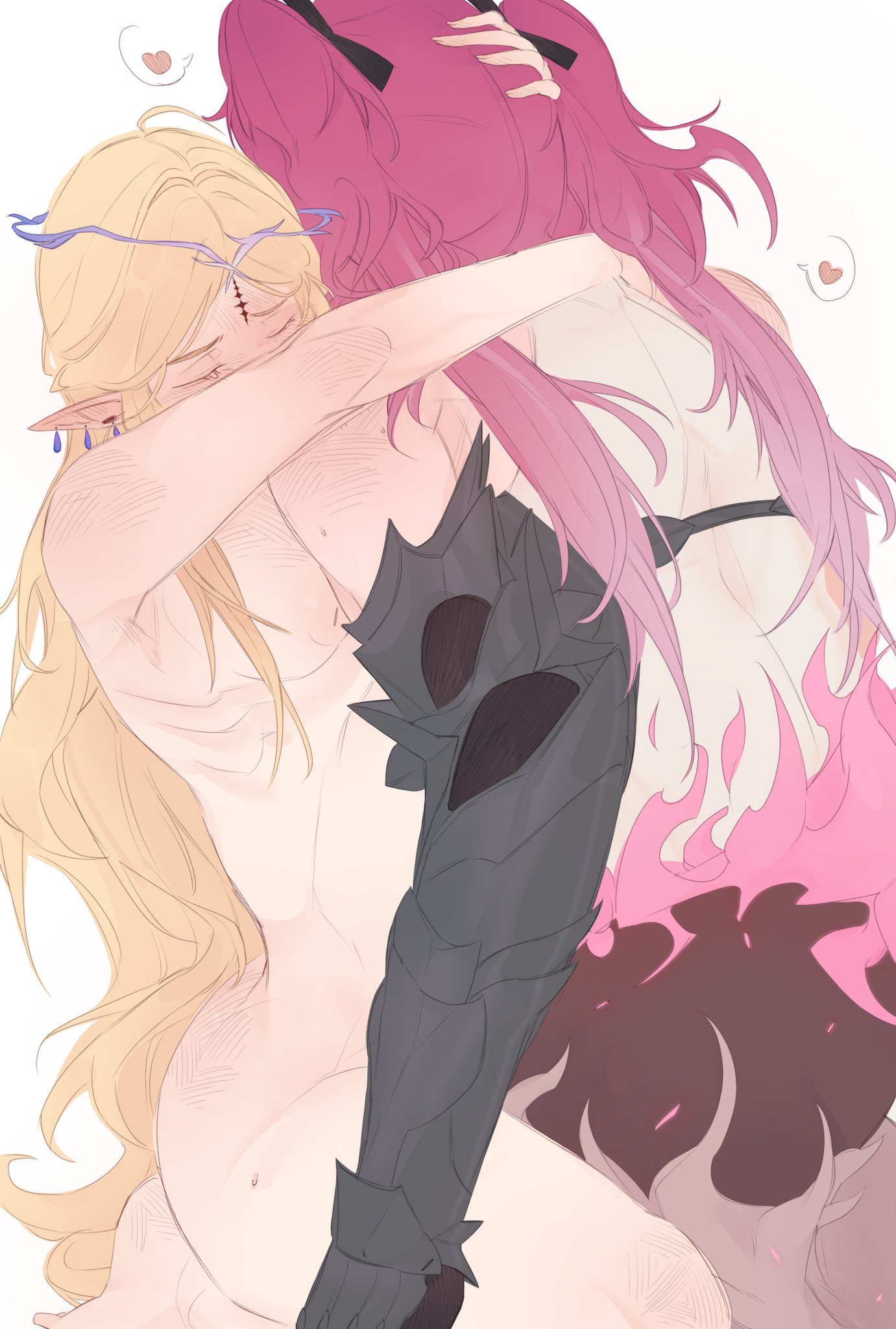 arms around neck, arms around partner, blackrunel, blonde hair, blush, breasts, cartethyia (wuthering waves), closed eyes, female, larger female, lupa (wuthering waves), muscular, muscular female, naked, naked female, nude, nude female, pink hair, pointy ears, shorter female, smaller female, taller female, wuthering waves, yuri