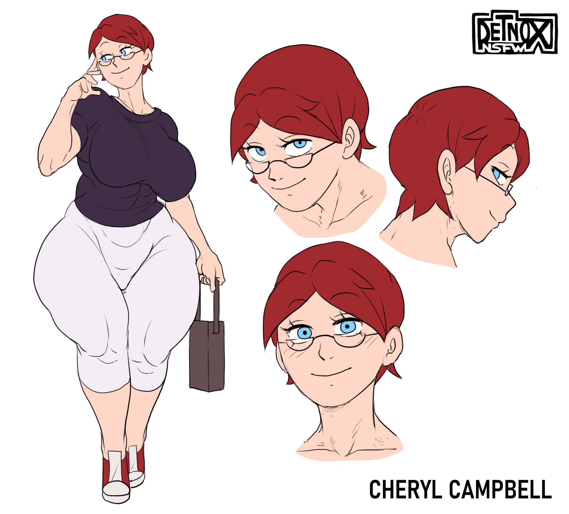 ass, big ass, big breasts, big thighs, blue eyes, breasts, character name, character sheet, cheryl (detnox), clothed, detnox, female, glasses, huge ass, huge breasts, huge thighs, light skin, light-skinned female, looking at viewer, muscles, original, pale skin, pale-skinned female, red hair, red head, short hair, smile, smiling, taller female, tied hair, voluptuous, voluptuous female