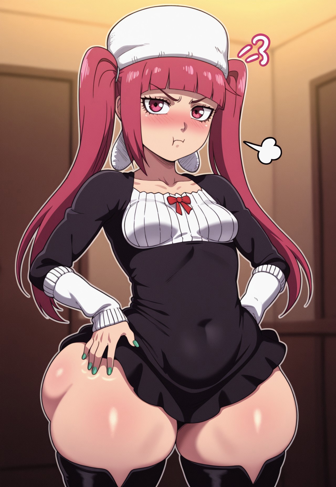 1girls, ai, ai assisted, ai generated, ai-created, ass, bleach, bleach: the thousand-year blood war, breasts, cap, dokugamine riruka, female, female only, huge ass, light skin, light-skinned female, pot, red eyes, red hair, short dress, shortstack, small breasts, solo, thick thighs, wide hips, 後gotoh