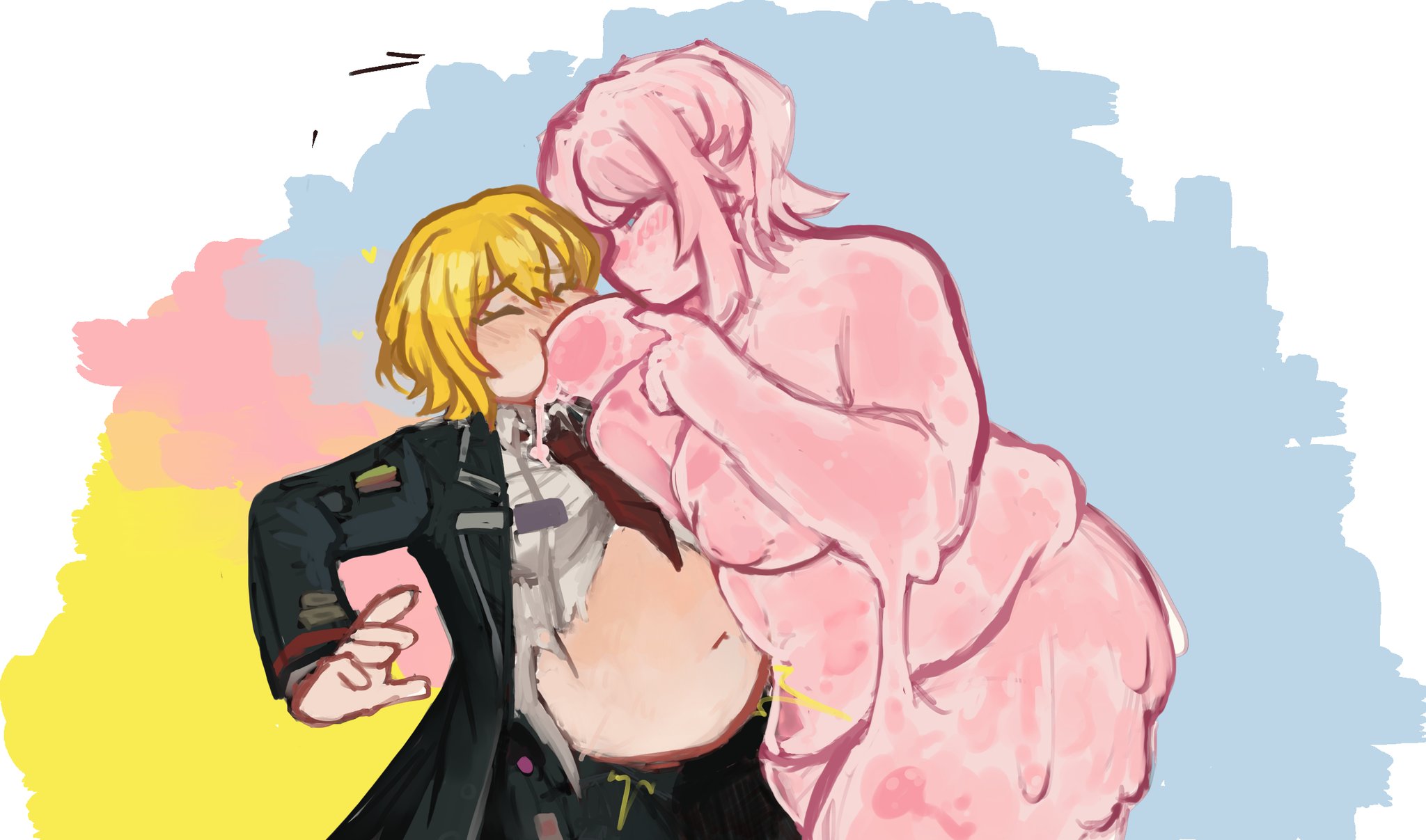 2girls, breasts, don quixote (limbus company), fat, fat belly, faust (limbus company), female, female only, kaibutsuorochi, limbus company, obese, pink slime, project moon, slime, slime girl, sucking breasts, transformation, transformation sequence, weight gain, yuri