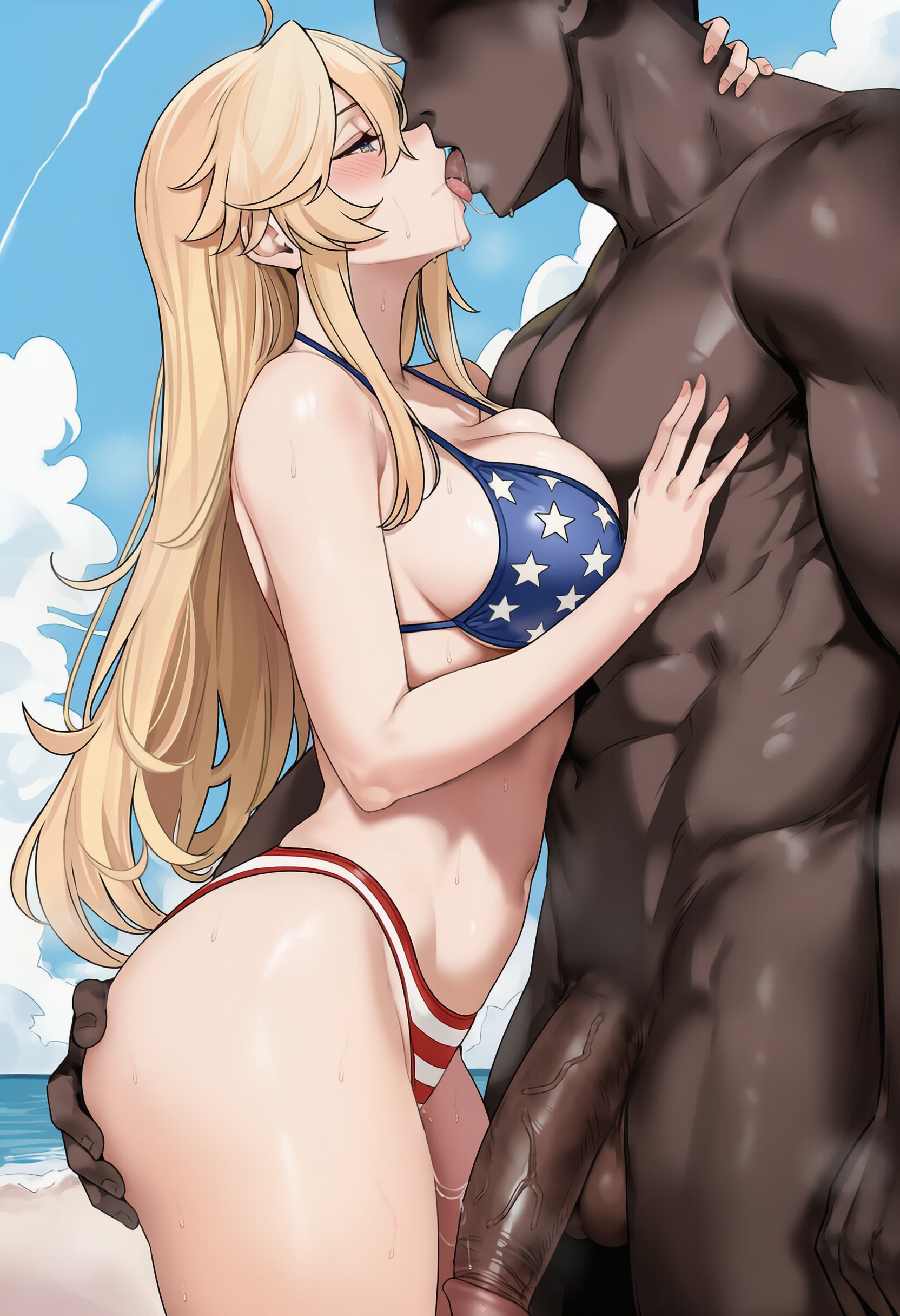 1boy, 1girls, ai generated, american flag bikini, ass, ass grab, beach, bikini, breasts, cheating, cuckold, curvy, dark skin, dark-skinned male, faceless male, female, french kiss, hand on another's chest, heavy breathing, hi res, huge breasts, huge cock, interracial, iowa (kantai collection), kantai collection, kissing, large breasts, large penis, light skin, light-skinned female, male, muscular, muscular male, netorare, ntr, nude male clothed female, outdoors, penis, pussy, pussy juice, shiny skin, size difference, veiny penis, very dark skin