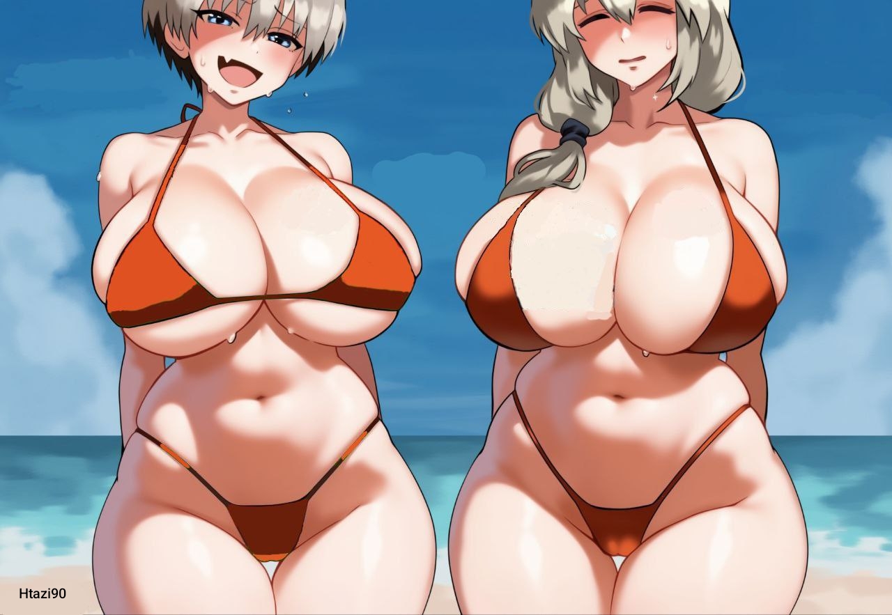 2girls, ai generated, big breasts, bikini, breasts, female, mother and daughter, silver hair, thick thighs, uzaki hana, uzaki tsuki, uzaki-chan wa asobitai!