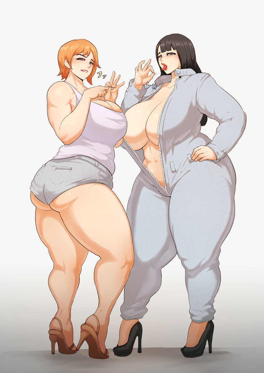 2girls, abs, ass, big ass, biting lip, bodysuit, breasts, busty, chubby, donaught, female, female only, high heels, huge ass, huge breasts, licking, milf, multiple females, multiple girls, muscular, muscular female, naughty face, seductive, seductive smile, sexually suggestive, sign, smile, stiletto heels, thick, thick thighs, venus body, very high heels, wide hips