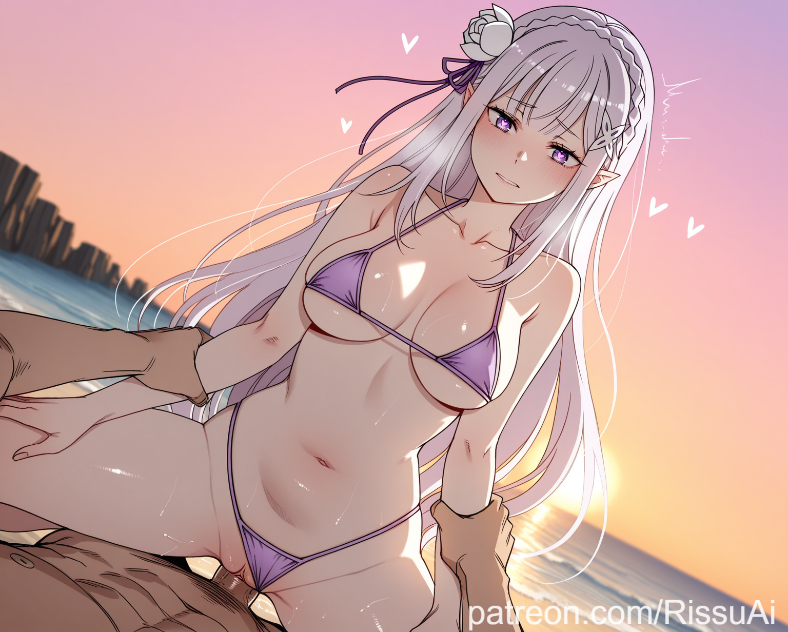1boy, 1girls, 2026, ai generated, arms grab, bangs, beach, big ass, big breasts, bikini, bikini bottom, bikini top, blurry background, blush, braid, cowgirl position, cute, cute face, cute girl, day, elf ears, emilia (re:zero), female, hair ornament, half elf, heart-shaped pupils, hearts around head, patreon, perfect body, pointy ears, purple eyes, re:zero kara hajimeru isekai seikatsu, rissuai, sand, sex, sexy, sexy body, sexy female, sexy pose, silver hair, sunset, vaginal penetration, vaginal sex, waves