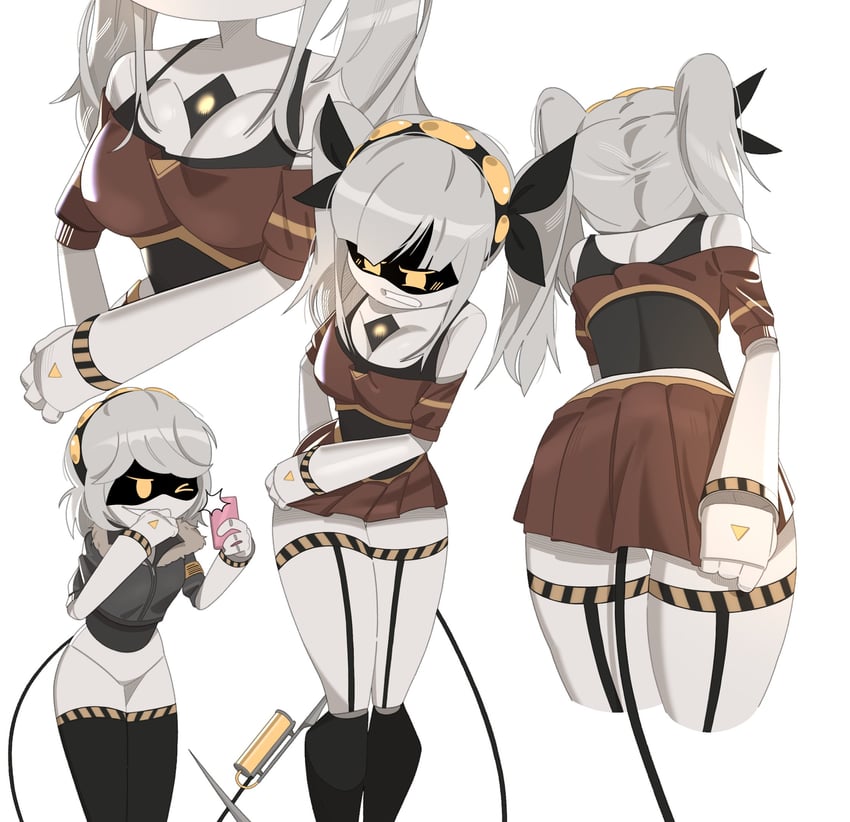 2girls, alternate costume, blackmail, blush, blushing, blushing female, bob cut, bobcut, cheerleader outfit, cheerleader uniform, cleavage, disassembly drone, embarrassed, embarrassed expression, embarrassed female, female, female only, fully clothed, glitch productions, j (murder drones), jacket, lost bet, miniskirt, monsterdude15, murder drones, pigtails, robot, robot girl, robot humanoid, screen face, silver hair, tight clothing, v (murder drones), yellow eyes