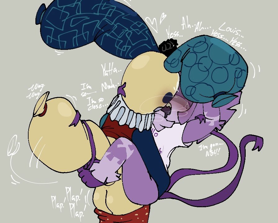 1boy, 1girls, about to burst, about to cum, blush, dandy's world, drool, drooling, female, female penetrated, guess what i eat yatta, implied penetration, implied vaginal, looey (dandy's world), male, male penetrating, male/female, moaning, moaning in pleasure, plap, plap (sound), pokerjokerful, purple body, purple skin, roblox, sex, show-time looey, stand and carry position, standing sex, wiggle lines, yatta (dandy's world), yellow body, yellow skin