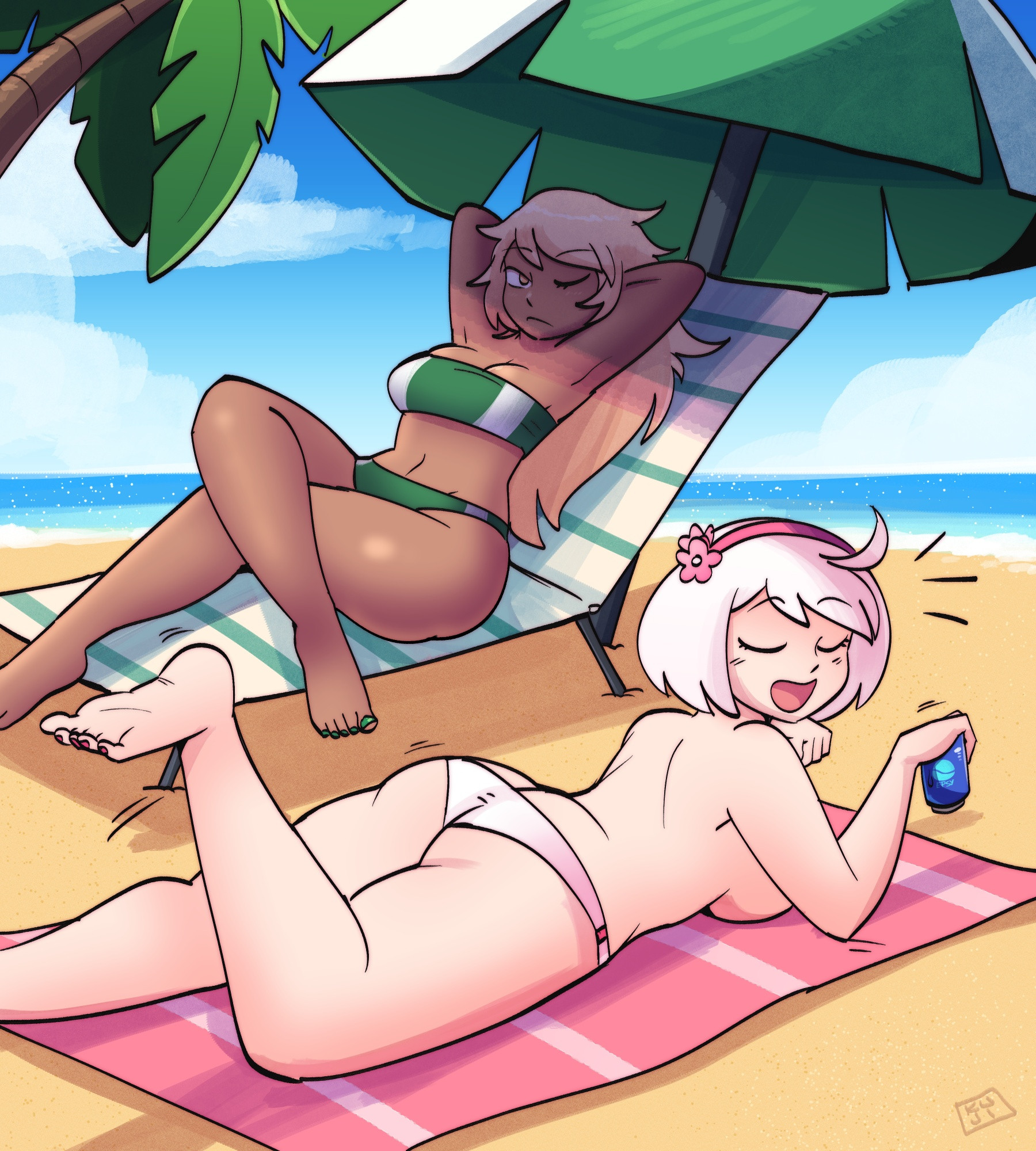 beach, bikini, dark skin, elphelt valentine, female, guilty gear, kujikawaii, ramlethal valentine, topless, topless female, white skin