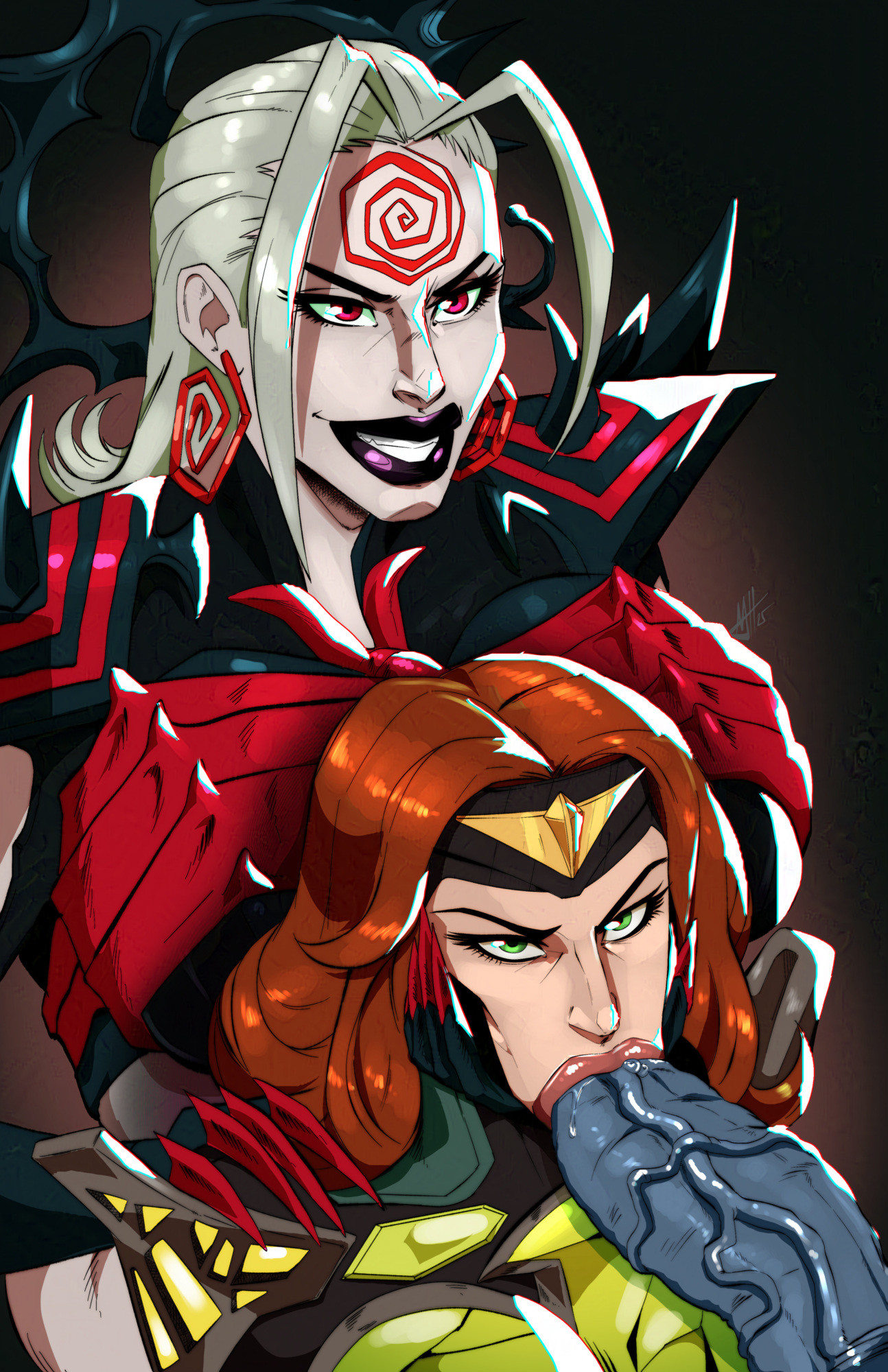2girls, assisted fellatio, big lips, blowjob, branding mark, breasts, defeat, defeated, defeated heroine, dominant female, female, green eyes, grinning, hand under chin, hela, hela (marvel rivals), hela (queen in black), hotsriracha, huge breasts, jean grey, knull symbol, lips, male, marvel, marvel comics, marvel rivals, out of frame male, penis, phoenix (marvel rivals), phoenix (x-men), red eyes, smile, smiling, symbiote, vein, veiny penis, x-men