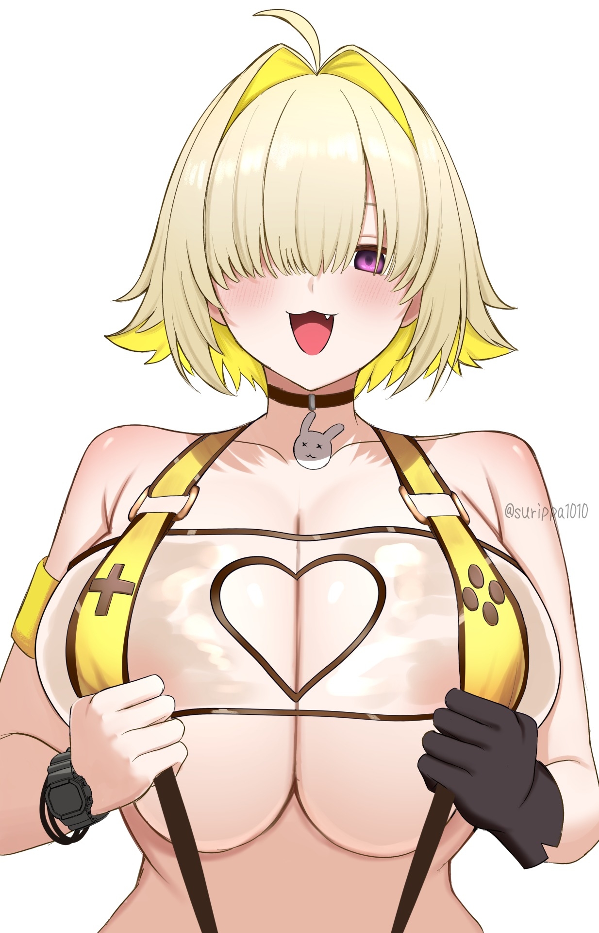 ahoge, black choker, blonde hair, breasts, choker, cleavage, clothing cutout, collarbone, commentary request, elegg (boom and shock) (nikke), elegg (nikke), female, goddess of victory: nikke, hair intakes, hair over one eye, heart cutout, highres, huge breasts, oerba yun fang, official alternate costume, purple eyes, short hair, simple background, solo, surippa1010, swimsuit, upper body, watch, white background, wristwatch