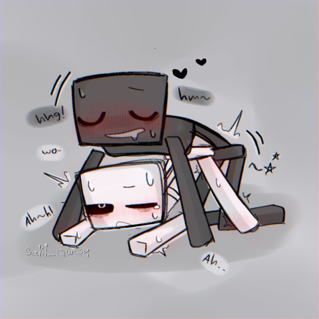 2d, 2d (artwork), anal, anal sex, black skin, doggy style, grey background, hearts, minecraft, minecraft mob, no genitals shown, no humans, non-human, non-human only, red face, sex, skeleton, skeleton (minecraft), tagme, white skin, wither skeleton (minecraft)