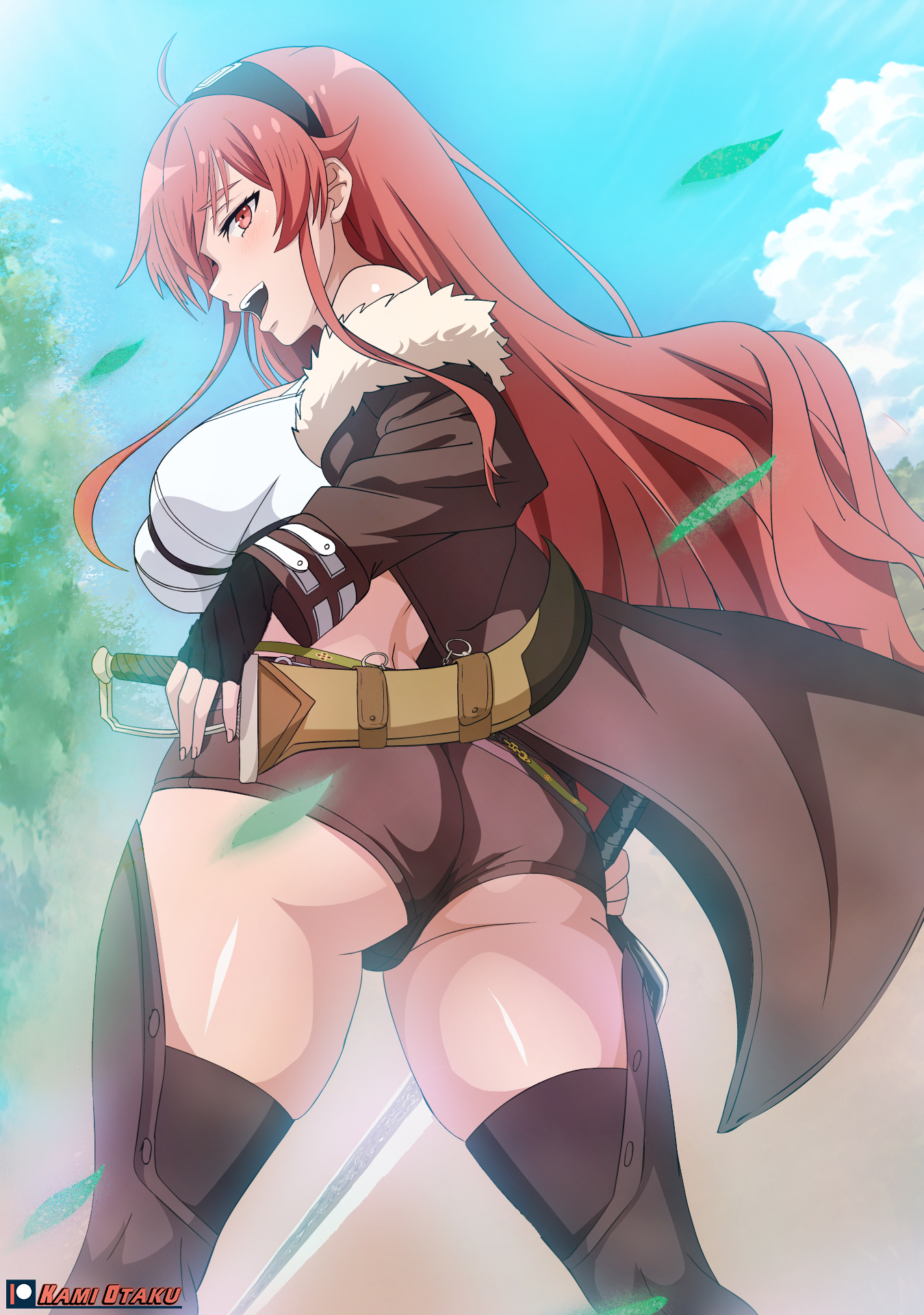 ahoge, artist name, ass, back, black gloves, black hairband, blue sky, boots, breasts, brown boots, brown jacket, brown shorts, cameltoe, cloud, cloudy sky, crop top, dagger, eris greyrat, eyebrows hidden by hair, falling leaves, female, fingerless gloves, fur trim, fur-trimmed jacket, gloves, hairband, highres, holding, holding dagger, holding knife, holding sword, holding weapon, jacket, kami otaku, knife, large breasts, leaf, long bangs, long hair, looking back, mushoku tensei, off shoulder, open mouth, pussy, red eyes, red hair, short shorts, shorts, sky, sleeveless, sleeveless turtleneck, smile, solo, standing, sword, teeth, thigh boots, thighs, tongue, tree, turtleneck, underbutt, upper teeth, very long hair, weapon