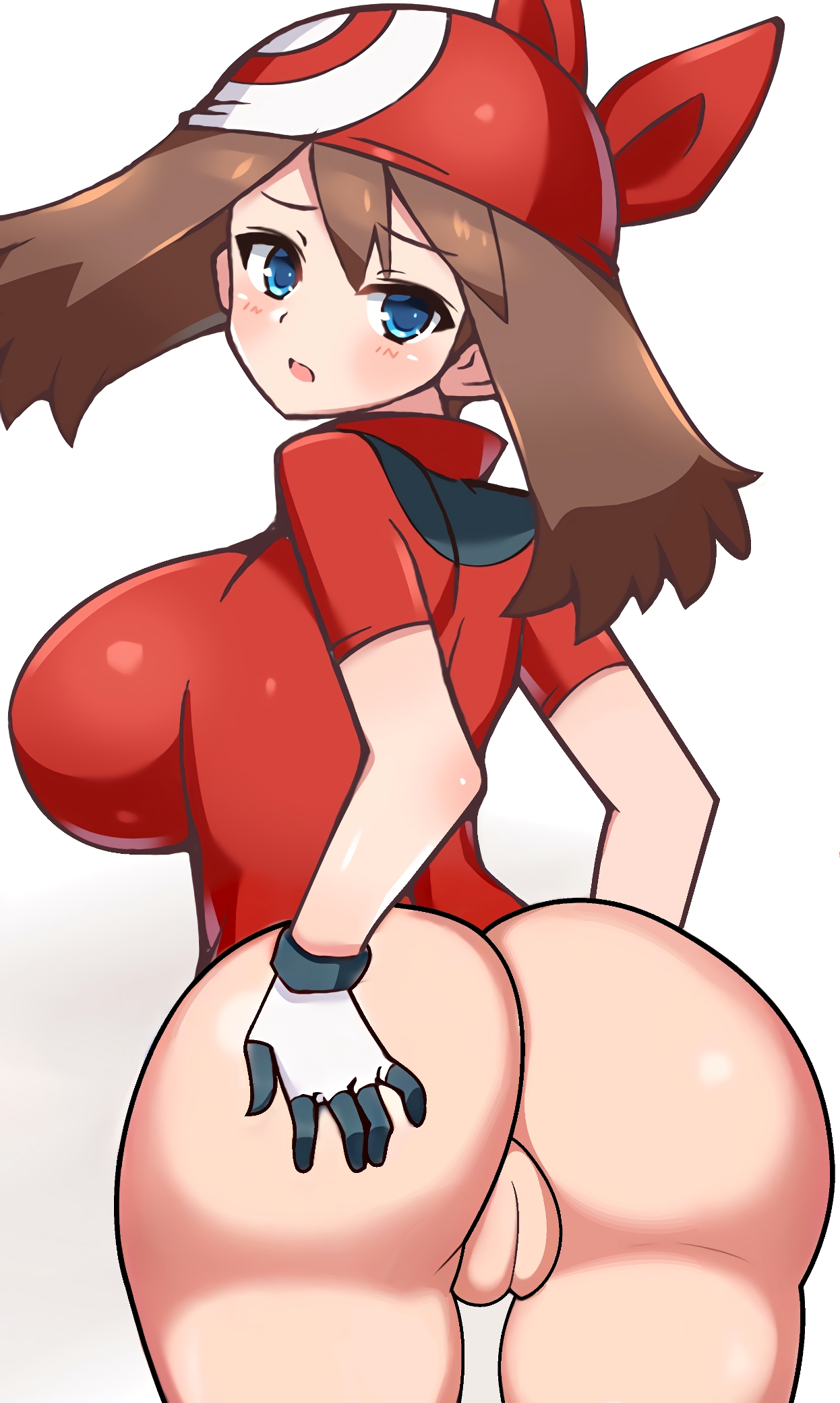 1girls, alternate breast size, ass, back, bandana, big breasts, blue eyes, blush, bottomless, breasts, brown hair, chro, eyelashes, female, female only, gloves, hand on ass, huge breasts, human, human only, large ass, long hair, looking at viewer, looking back, may (pokemon), nintendo, open mouth, pokemon, pokemon rse, pussy, shirt, short hair, sideboob, skintight, solo, standing, white background, wide hips