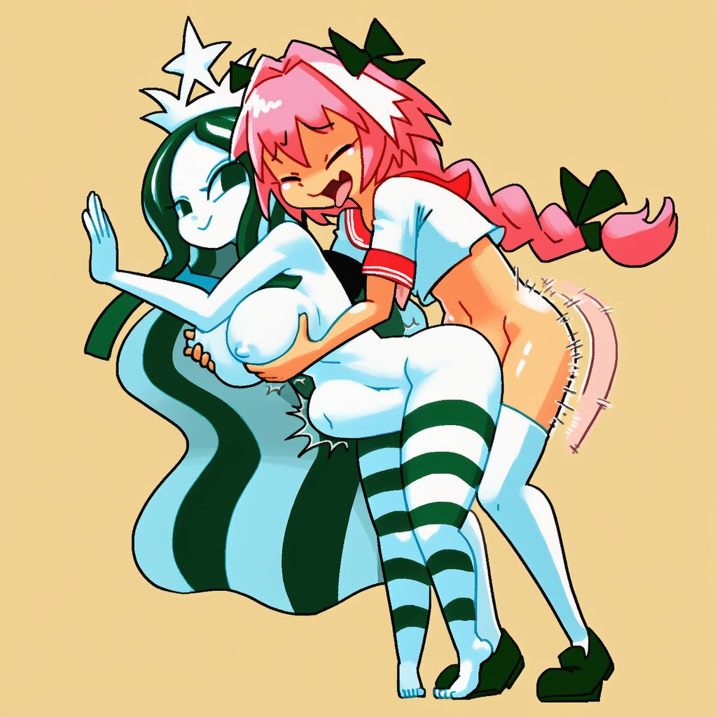 1boy, 1girls, ai generated, astolfo (fate), astolfo (sailor paladin) (fate), color, colored, dark green hair, fate (series), female, femboy, femboy on female, male, pink hair, sex, starbucks, starbucks siren, starbucks siren (gashi-gashi redesign), stomach bulge, white hair, white-skinned female