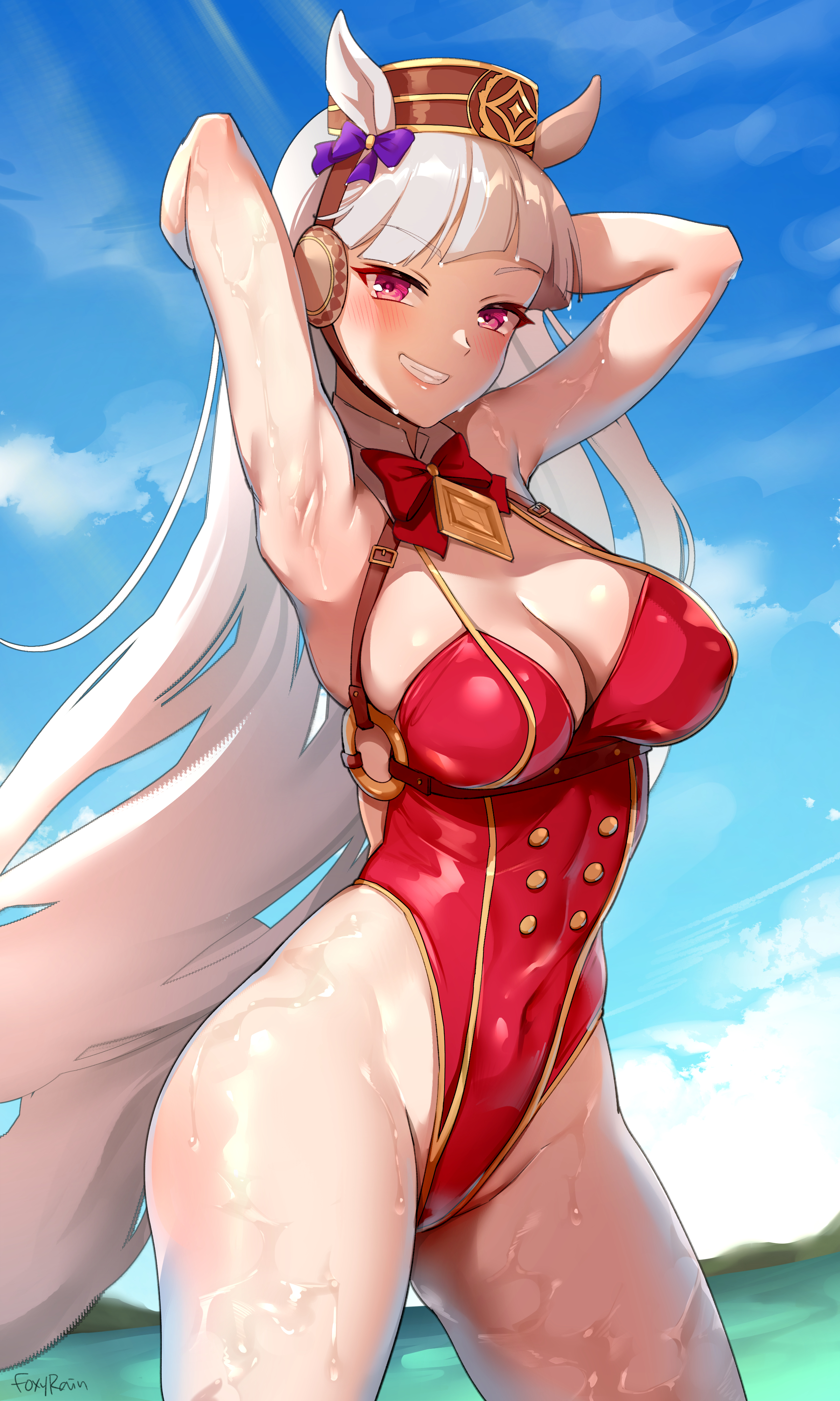 1girls, ai generated, beach, blue sky, custom outfit, female, fit, fit female, gold ship (umamusume), horse, horse girl, horse tail, long hair, looking at viewer, sky, smile, solo, swimsuit, tagme, umamusume, umamusume pretty derby, wet, white hair