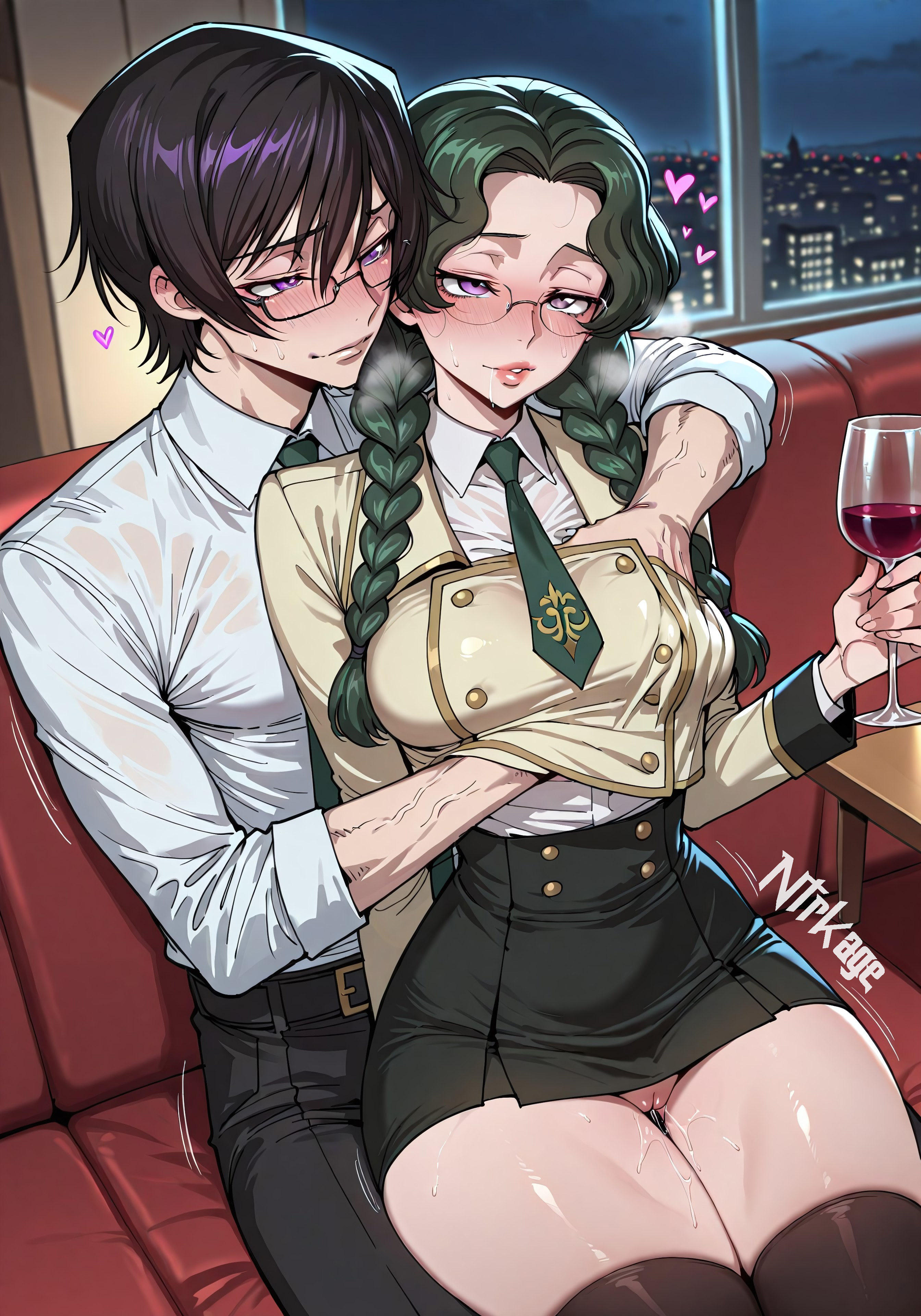 1boy, 1girls, ai generated, aroused, ashford academy uniform, blush, braid, breast grab, breasts, code geass, drooling, female, glasses, hand under clothes, hand under shirt, heart, hi res, highres, lelouch lamperouge, male, medium breasts, netorare, night, nina einstein, ntr, ntrkage, older male, pussy, pussy juice, pussy juice drip, school uniform, sitting, sitting on lap, sitting on person, slim waist, steam, steaming body, sweat, sweatdrop, sweating, thick thighs, twin braids, uncensored, wet, wine, wine glass, younger female
