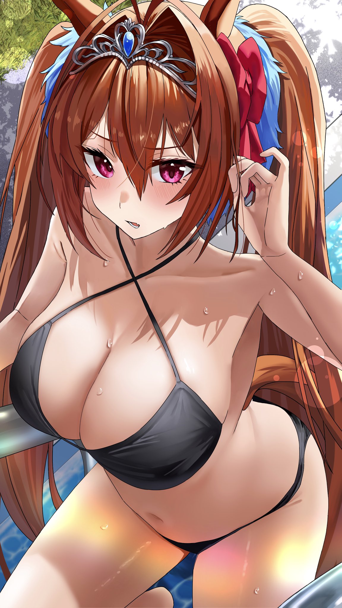 annoyed, bikini, black bikini, breasts, climbing ladder, daiwa scarlet (umamusume), female, ladder, round breasts, spherical breasts, swimming pool, thick thighs, umamusume, wading, wide hips