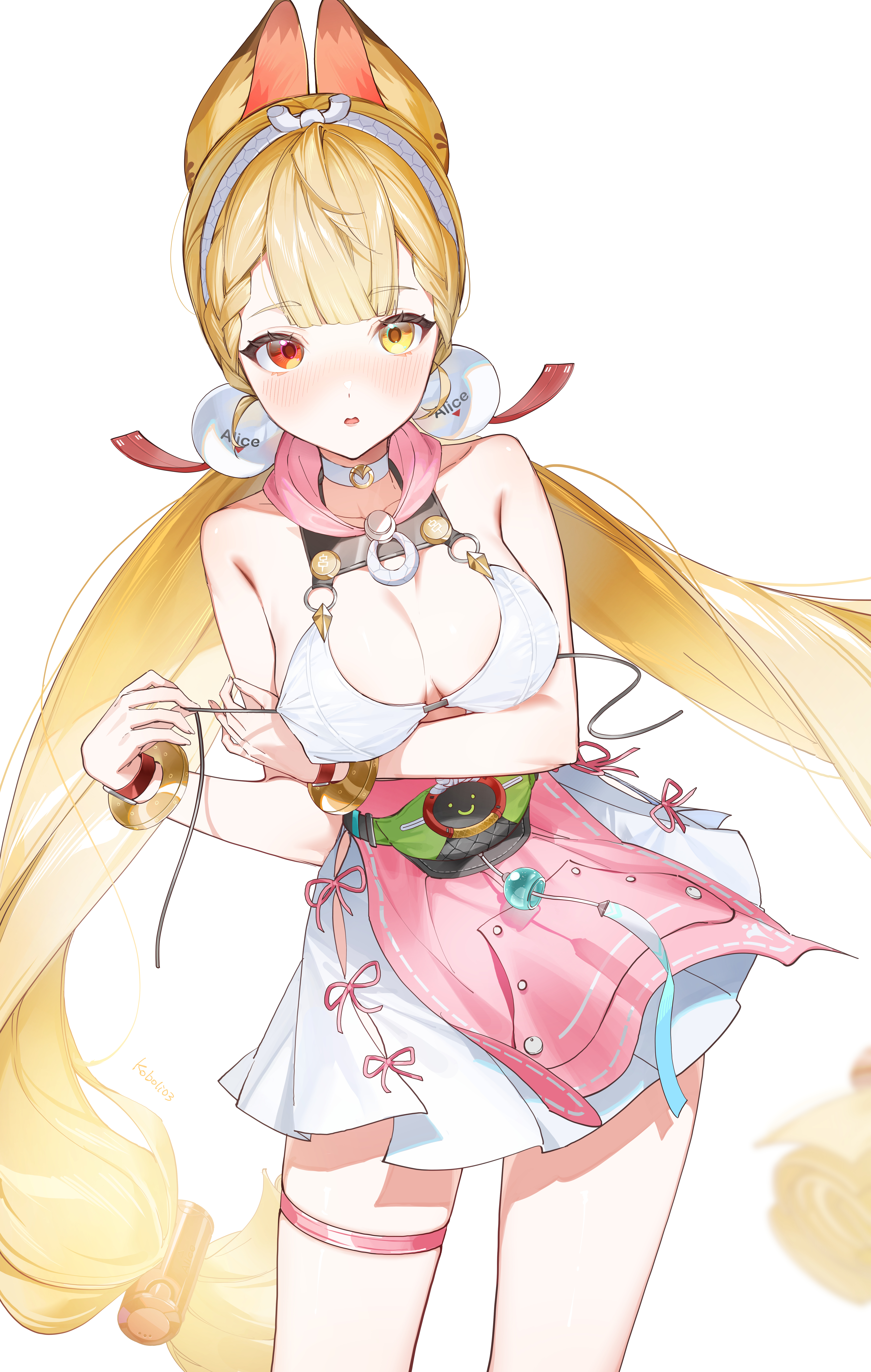 1girls, absurd res, alice thymefield, alice thymefield (sea of thyme), animal ears, blonde hair, blush, breasts, bunny ears, female, heterochromia, highres, hoyoverse, kkopoli, large breasts, leg strap, long hair, mihoyo, official alternate costume, orange eyes, pink and white, pink and white swimsuit, red eyes, swimsuit, twintails, white collar, white hairband, zenless zone zero