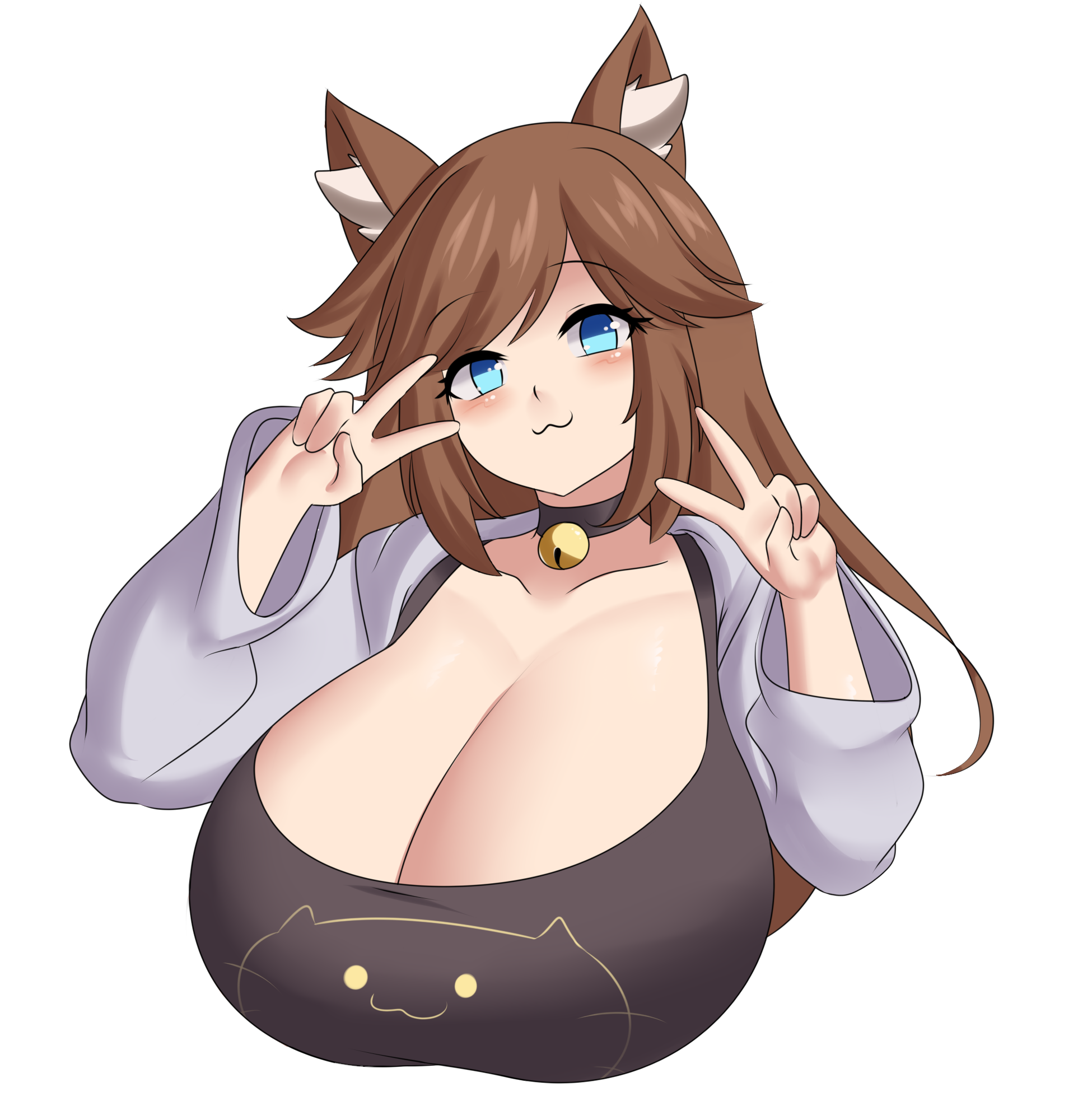 :3, bell, big breasts, blue eyes, breasts, brown hair, cat ears, chelzorthedestroyer, cleavage, collar, female, huge breasts, jcdr, looking at viewer, peace sign, sweater, tank top, virtual youtuber, vtuber