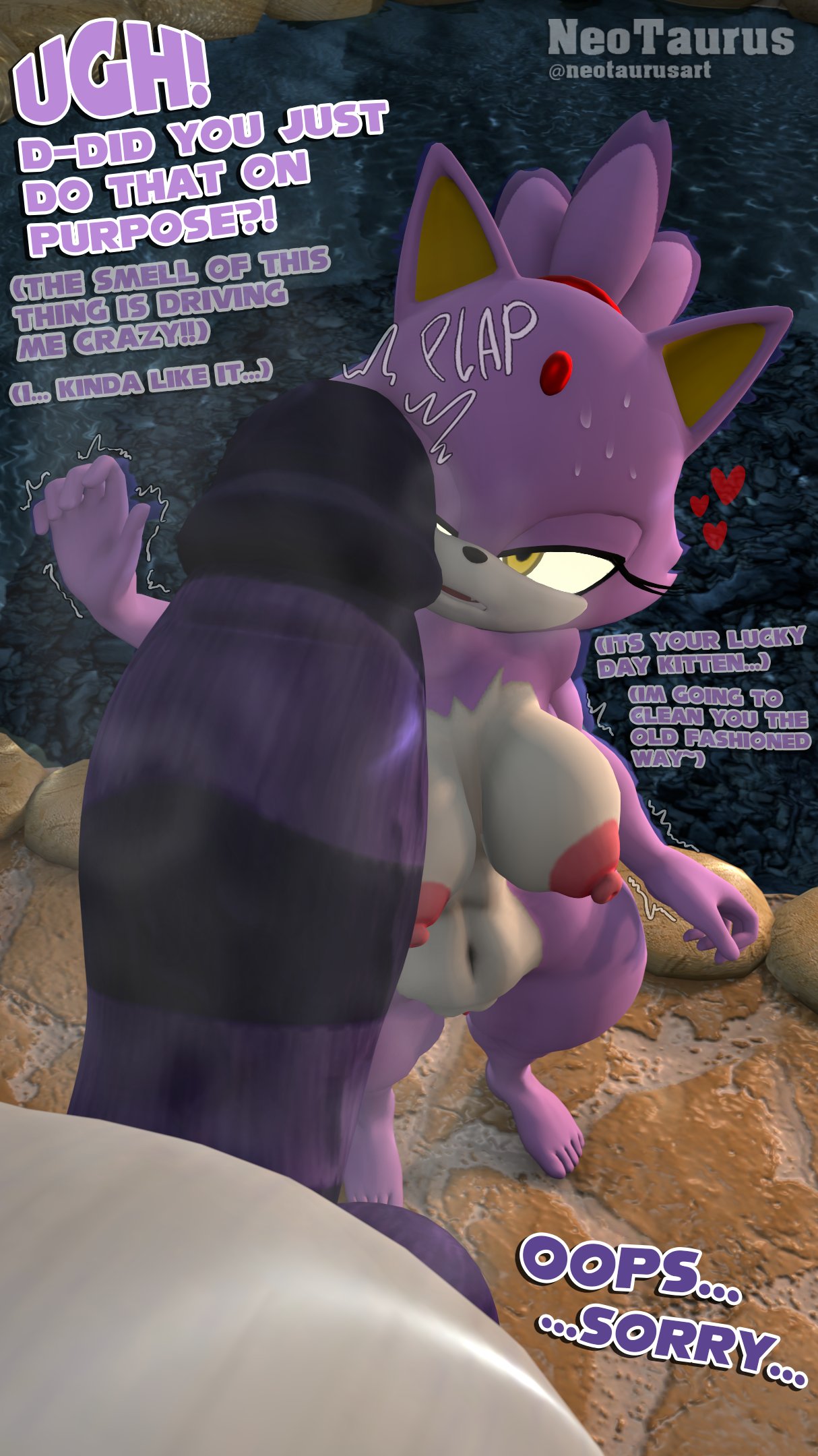 1boy, 1girls, 3d, anthro, areola, balls, big breasts, big the cat, blaze the cat, breasts, circumcised, duo, english text, erect nipples, erection, fat male, feline, female, hotsprings, huge balls, huge cock, imminent sex, larger male, male, musk, neotaurus, nipples, nude, overweight, overweight male, penis, size difference, sonic (series), sweat, sweatdrop, sweating, text, thick thighs, wide hips