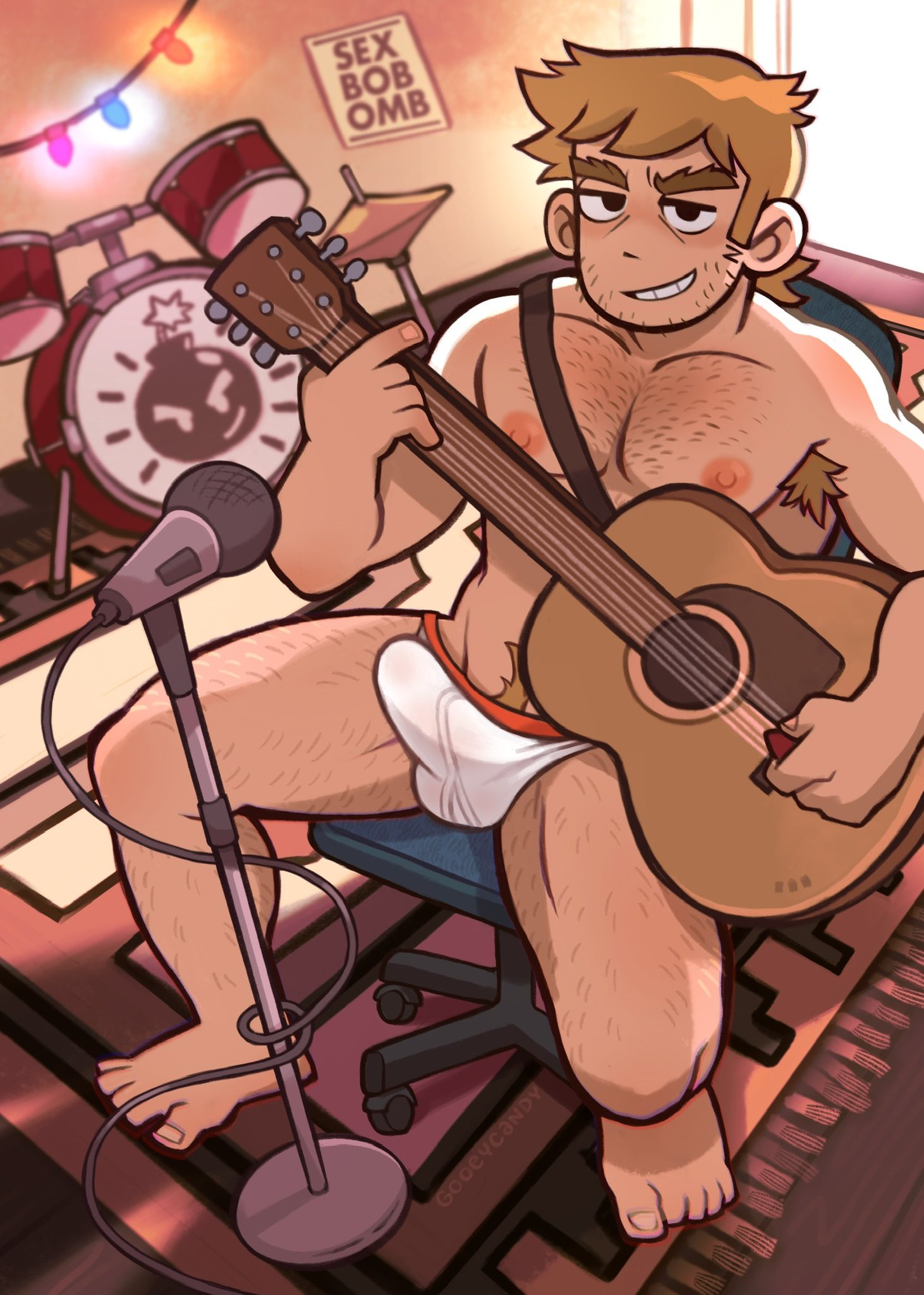 1boy, armpit hair, bulge, chest hair, drum set, facial, feet, gooey candy, guitar, human, indoors, leg hair, male, male feet, microphone, nipples, pubic hair, scott pilgrim, scott pilgrim takes off, sitting, smiling, solo, solo male, stephen stills, underwear, underwear only