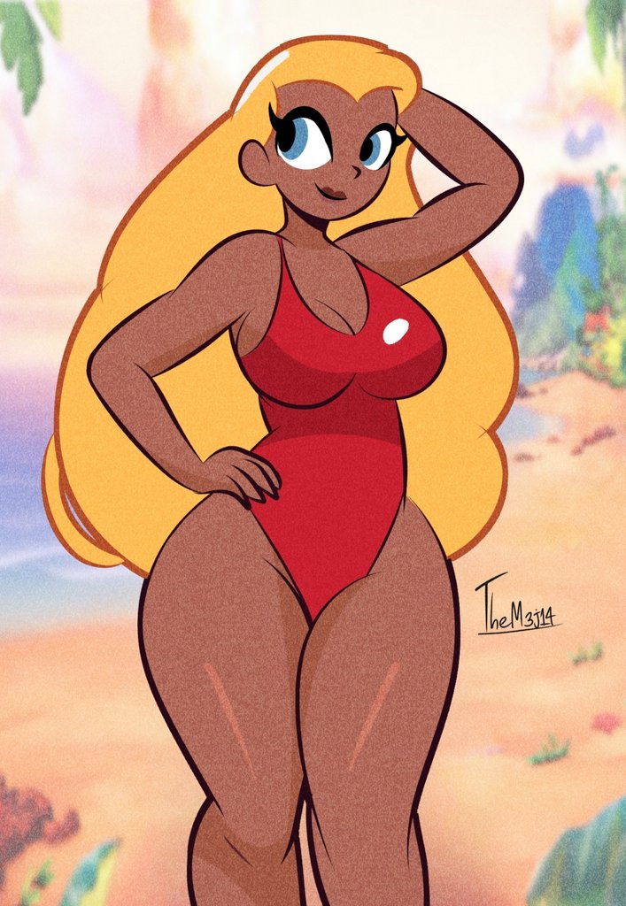 1girls, absurdres, athletic, athletic female, barefoot, big breasts, biracial, blonde hair, bracelet, breasts, brown skin, brown skinned female, caucasian, caucasian female, clothing, curvaceous, curvaceous female, curvy female, dark skin, dark-skinned female, diego mejia, disney, feet, female, fit, fit female, gal, green eyes, hawaiian, highres, human, jewelry, lifeguard, lifeguard (lilo and stitch), lilo and stitch, lola the lifeguard, long hair, multiple views, olive skin, olive skinned female, one-piece swimsuit, red one-piece swimsuit, swimsuit, swimwear, tall, tall female
