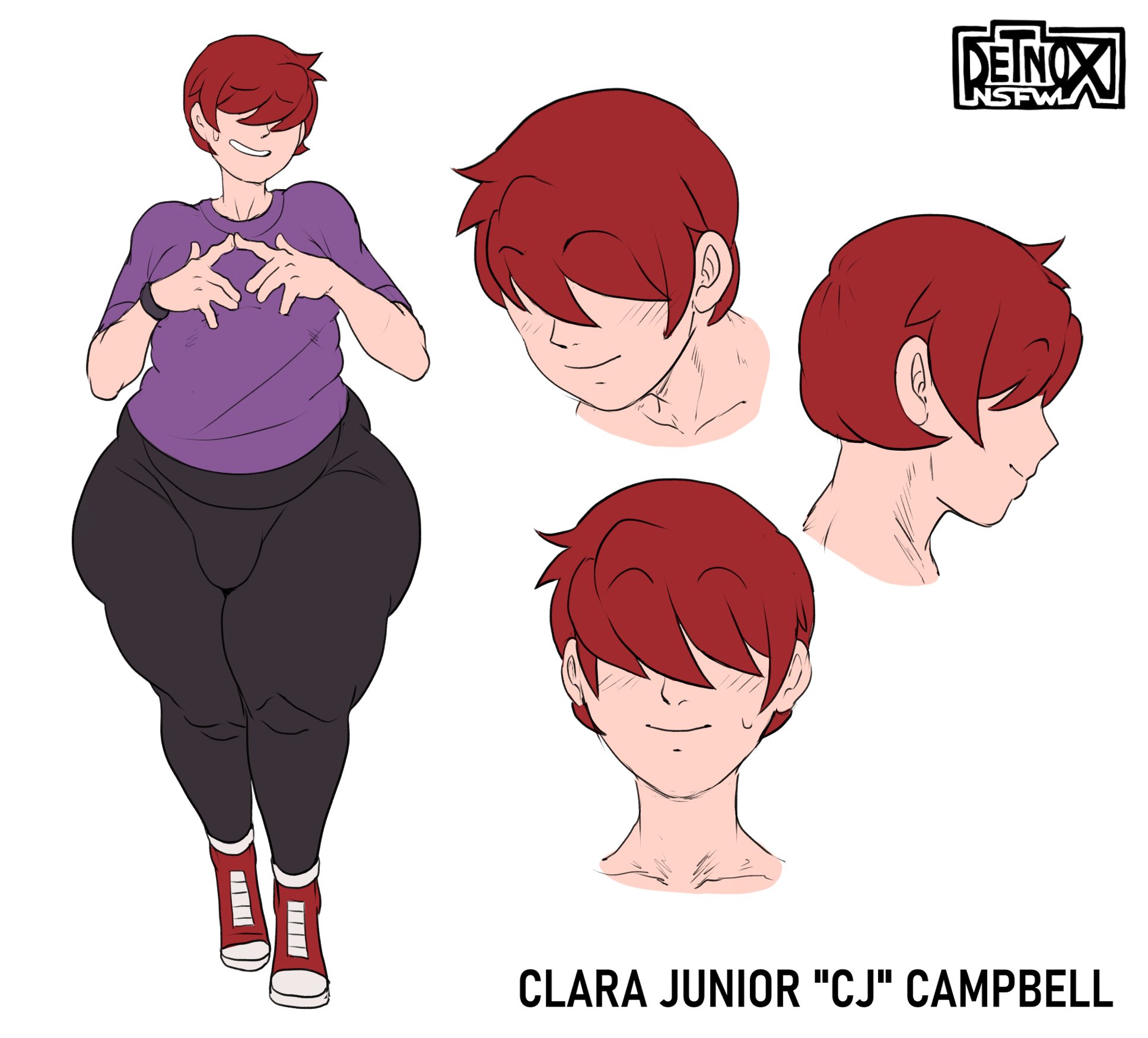 1boy, ass, bangs over eyes, big ass, big thighs, bulge, character name, character sheet, chubby male, cj (detnox), clothed, detnox, female, femboy, feminine male, huge ass, huge thighs, light skin, light-skinned female, light-skinned male, male, original, pale skin, pale-skinned female, pale-skinned male, red hair, short hair, smaller male, smile, smiley face, smiling, voluptuous, voluptuous male