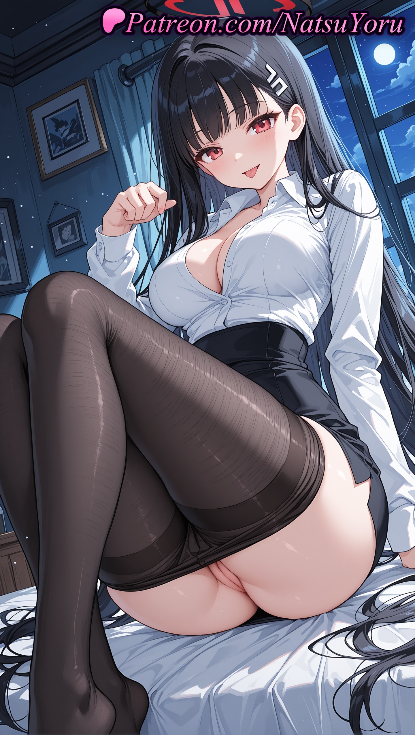 1girls, 2025, ai generated, bangs, black hair, black pantyhose, black skirt, blue archive, breasts, cleavage, clothes pull, collared shirt, curtains, female, female only, hair ornament, halo, hi res, highres, indoors, large breasts, long hair, long sleeves, looking at viewer, moon, natsuyoru, night, pantyhose, pantyhose pull, patreon, pussy, red eyes, rio (blue archive), rio tsukatsuki (blue archive), shirt, sitting, skirt, solo, thighs, tongue, tongue out, uncensored, very long hair, voluptuous, voluptuous female, white shirt, window