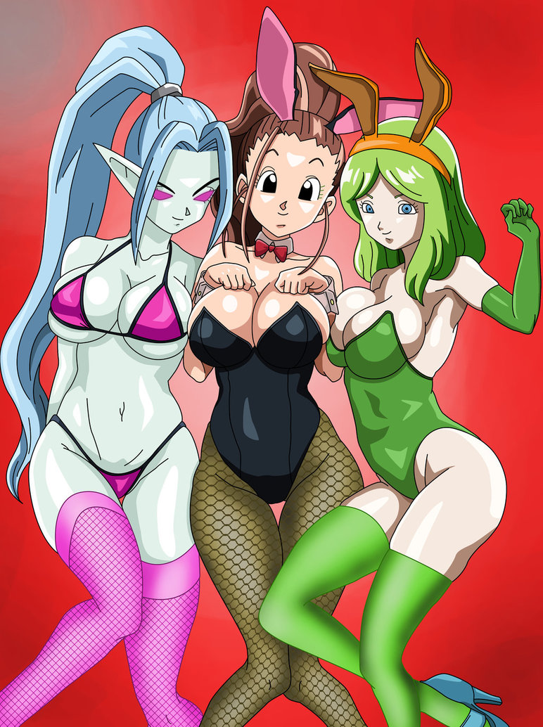 3girls ass bikini black_eyes blue_eyes blue_hair bowtie breasts brianne_de_chateau brown_hair bunny_ears bunnysuit closed_mouth cocoa_amaguri dragon_ball dragon_ball_super female female_only green_hair large_breasts long_hair multiple_girls pantyhose pointy_ears scary thighhighs tied_hair underwear vikal