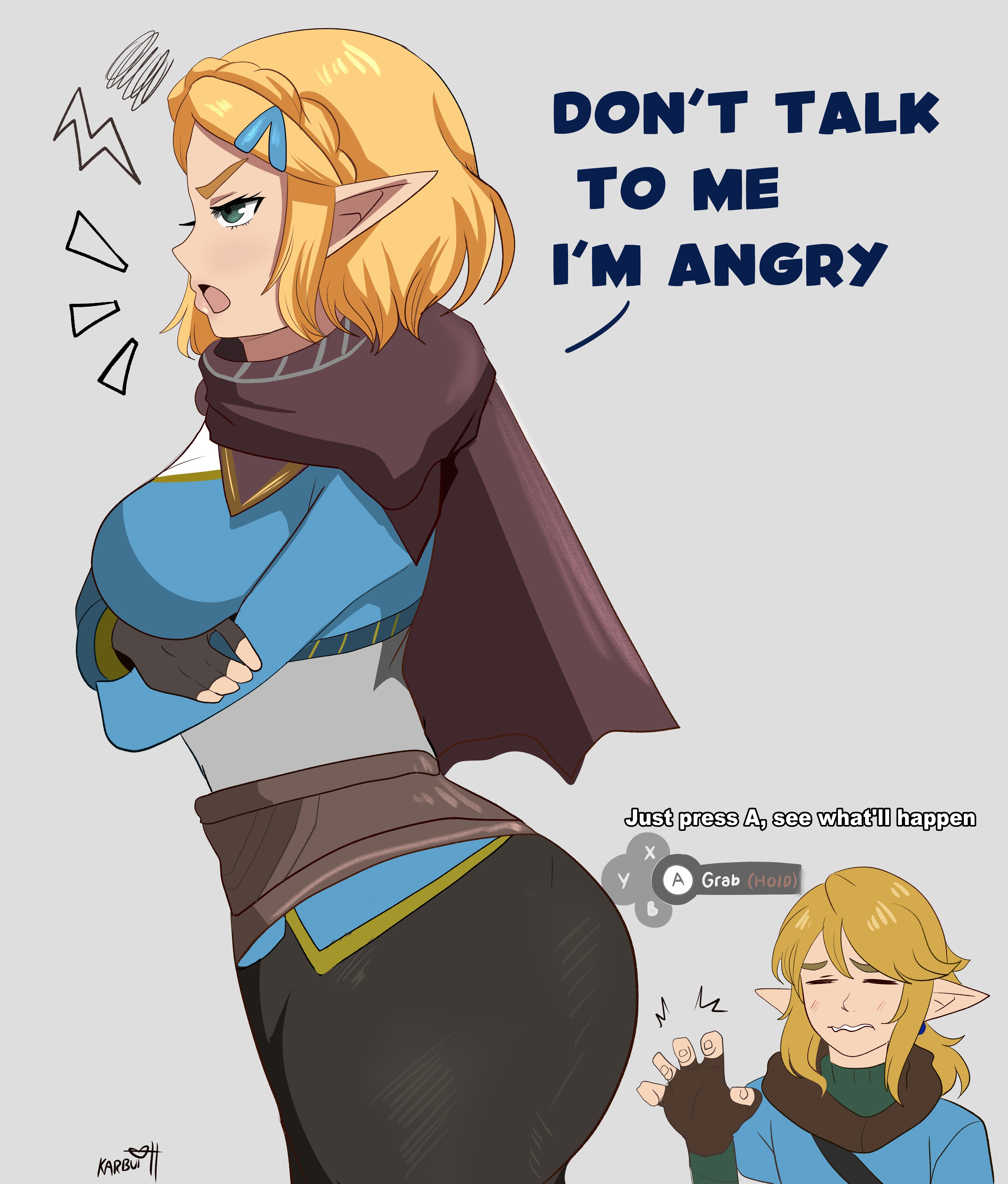 1boy, 1girls, arms crossed, arms crossed under breasts, artist name, ass, big breasts, blonde hair, breasts, clothed, clothing, dialogue, english text, female, hi res, karbuitt, large ass, link, link (tears of the kingdom), male, nintendo, open mouth, pointy ears, princess zelda, short hair, tears of the kingdom, text, the legend of zelda, zelda (tears of the kingdom)