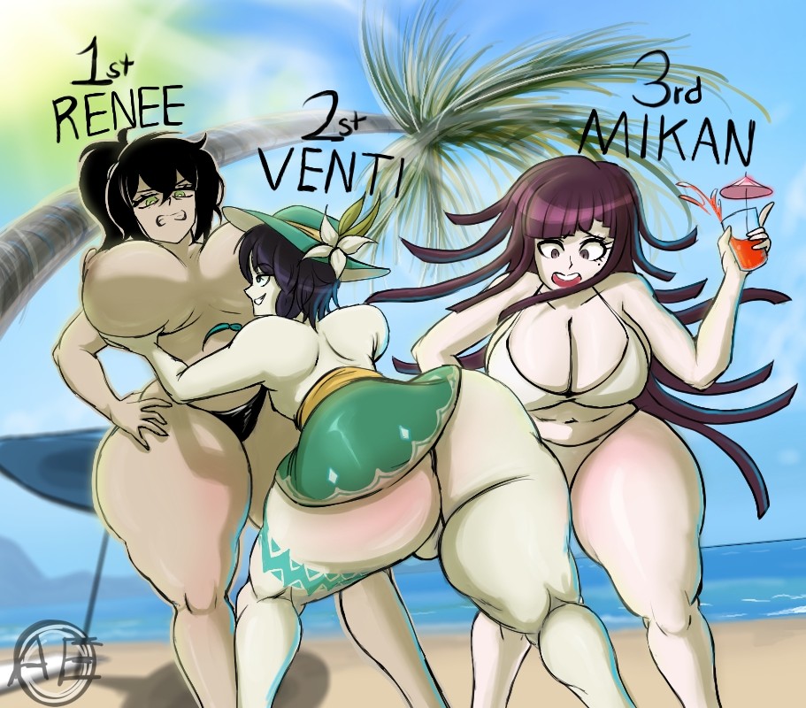 1boy, 1femboy, 2girls, alt3r eg0, beach, beach background, beach towel, bikini, danganronpa, danganronpa 2: goodbye despair, femboy, genshin impact, huge ass, mikan tsumiki, poll winner, renee graves, the coffin of andy and leyley, thick thighs, tsumiki mikan, venti (genshin impact)