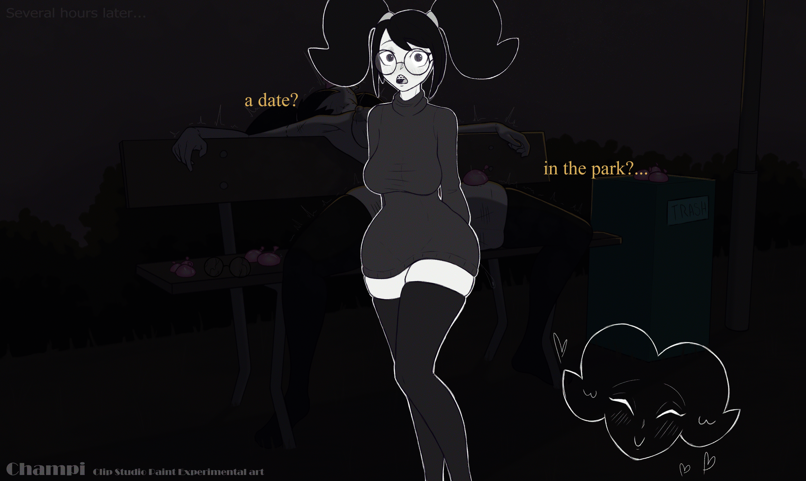 1girls, after rape, after sex, after vaginal, aftermath, alexonjaychara, background, bench, black hair, body writing, broken, broken rape victim, champaanimation, condom, condom in mouth, condoms, cum in pussy, dialogue, dumpster, fainted, female, female focus, female only, glasses, glasses removed, head back, hours later, laying on back, marks, nerd, nerdy, nerdy female, night, nonconsensual, orgasm, orgasm face, original character, original characters, park, park bench, passed out, pussy, questionable consent, raped, raped female, squirt, squirting, steam, steaming body, steamy breath, sweater, text, thighhighs, tongue, tongue out, unconscious, used, used condom, used condoms, watermark, white body