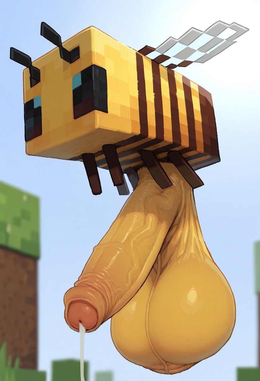 ai, ai generated, antennae (anatomy), ball with hyper features, balls, bee, bee (minecraft), block head, blocky body, cum dripping from penis, foreskin, huge balls, huge cock, hyper penis, insects, large penis, long penis, low hanging balls, male, minecraft, mojang, penis, sagging balls, scrotum, small but hung, solo, stinger, stinger penis, uncircumcised, veiny penis, wings