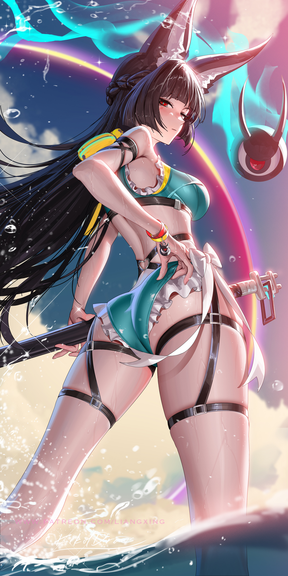 1girls, animal ears, arm strap, ass, back, back view, beach, bikini, black hair, blunt bangs, breasts, cat ears, cat girl, feet in water, female, frilled bikini, frills, hoshimi miyabi, hoyoverse, katana, kemonomimi, large breasts, leg strap, liang xing, long hair, mihoyo, red eyes, skindentation, swimsuit, thiren, wristband, zenless zone zero