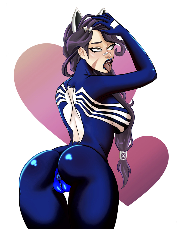 1girls, ahe gao, anus, arched back, ass, bandaid on nose, big breasts, black lipstick, blush, breasts, cat ears, erisa (fortnite), eyes rolling back, female, fortnite, hand on head, heart, large breasts, lipstick, marvel, marvel comics, open mouth, purple hair, pussy, rear view, sideboob, simple background, symbiote, thick thighs, thighs, tongue, tongue out, venom (marvel), white background, wide hips