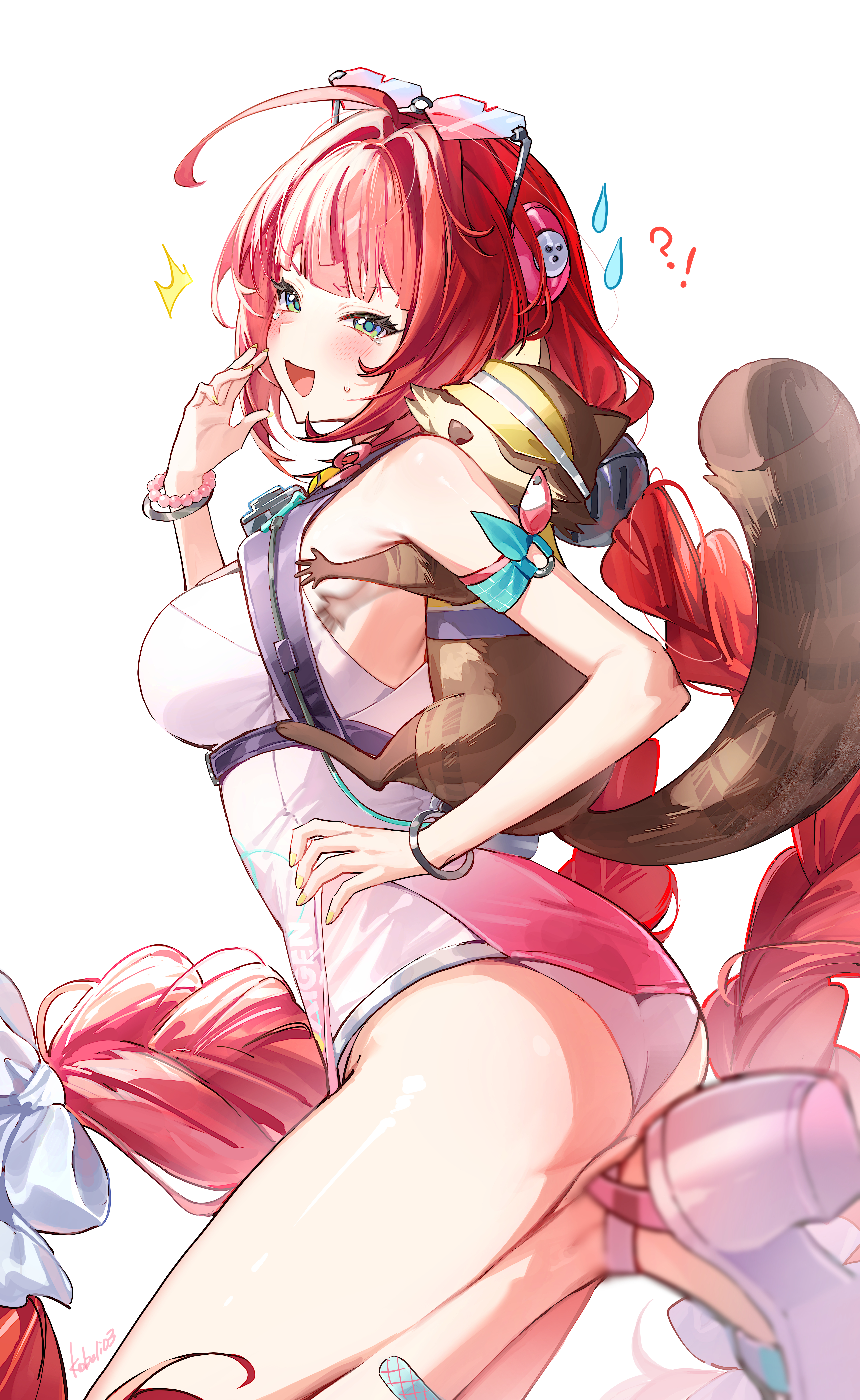 1girls, absurd res, ass, bikini bottom, blush, breasts, female, glasses, green eyes, heart glasses, heart-shaped glasses, heeled sandals, highres, hoyoverse, kkopoli, large breasts, mihoyo, official alternate costume, raccoon, red hair, sandals, simple background, smug, sunglasses, surprised, swimsuit, ukinami yuzuha, ukinami yuzuha (tanuki in broad daylight), white background, zenless zone zero