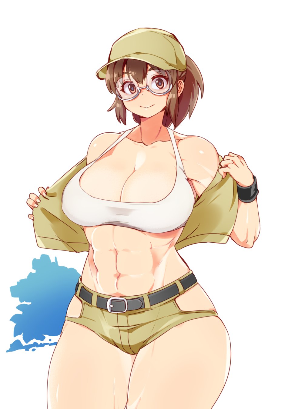 belt, breasts, brown eyes, brown hair, cleavage, collarbone, cowboy shot, crop top, female, fio germi, glasses, hanzo (2929), hat, highres, jacket, jacket partially removed, large breasts, looking at viewer, metal slug, ponytail, removing jacket, short shorts, shorts, sidelocks, simple background, smile, snk, solo, thick thighs, thighs, toned, white background, wristband