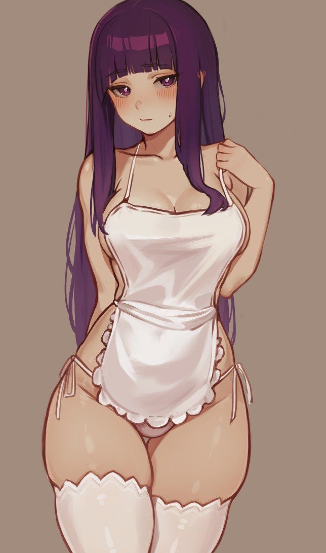 1girls, apron, arm behind back, bikini, bikini bottom only, blunt bangs, blush, breasts, bright pupils, cleavage, closed mouth, collarbone, embarrassed, eyebrows hidden by hair, eyes visible through hair, female, fern (sousou no frieren), grey background, hand on own shoulder, lace trim, lace-trimmed bikini, large breasts, long bangs, long hair, looking at viewer, meowrim, purple eyes, purple hair, sideboob, solo, solo focus, sousou no frieren, standing, swimsuit, thighhighs, thighs, very long hair, white apron, white bikini, white pupils, white thighhighs