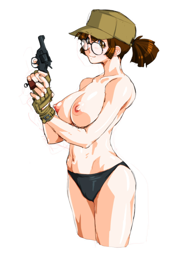 black panties, breasts, brown eyes, brown hair, cleavage, enfield no.2 mk1, female, fingerless gloves, fio germi, glasses, gloves, gun, handgun, hat, holding, holding gun, holding weapon, medium breasts, metal slug, navel, nipples, panties, ponytail, qkat (arikawa-dou), revolver, short hair, short ponytail, simple background, smile, solo, topless female, underwear, weapon, white background