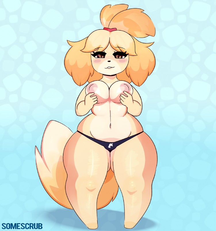 1girls, animal crossing, artist name, blue text, braless, breasts, colored, dog, dog ears, dog girl, dog humanoid, dog tail, female, grabbing, grabbing own breasts, isabelle (animal crossing), looking at viewer, nintendo, no shirt, nude, panties, shirtless, shirtless (female), shirtless anthro, somescrub, topless, topless anthro