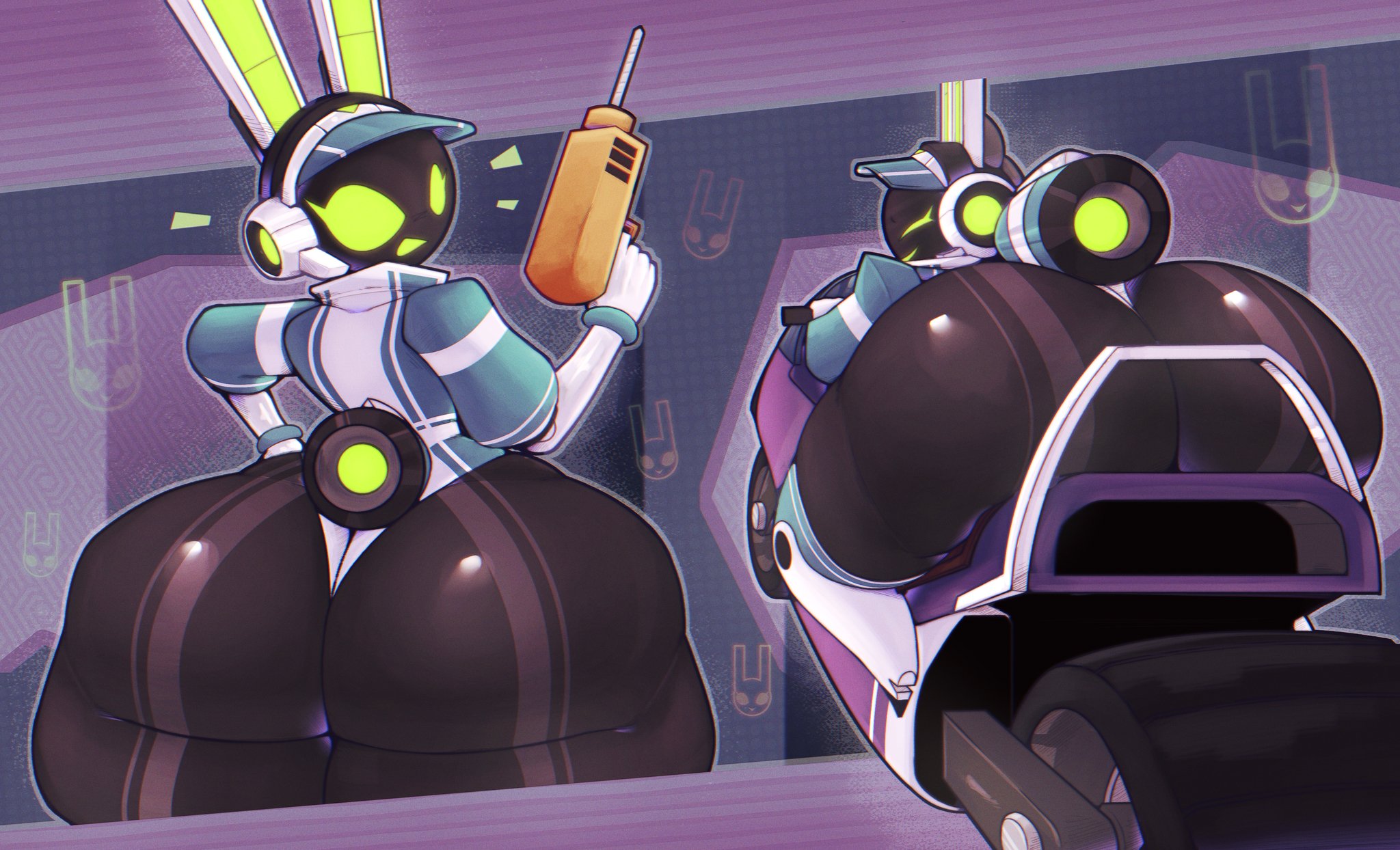 1girls, 2024, ass, big ass, big butt, blueruchka, female, hype ass, hyper, lagomorph, looking back, motorcycle, on motorcycle, project turboblast, robot, screen face, tagme, tempo (project turboblast)
