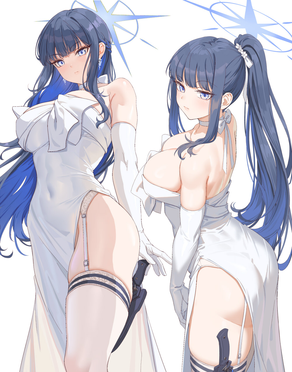 1girls, ass, black hair, blue archive, blue hair, blush, breasts, choker, closed mouth, covered navel, dress, elbow gloves, fangxiang cuoluan, female, female only, garter belt, gloves, halo, highres, knife sheath, large breasts, long hair, looking at viewer, multicolored hair, multiple views, official alternate costume, ponytail, ribbon choker, saori (blue archive), saori (dress) (blue archive), sheath, sidelocks, straight hair, strapless, strapless dress, thighhighs, two-tone hair, very long hair, white dress, white garter belt, white gloves, white thighhighs