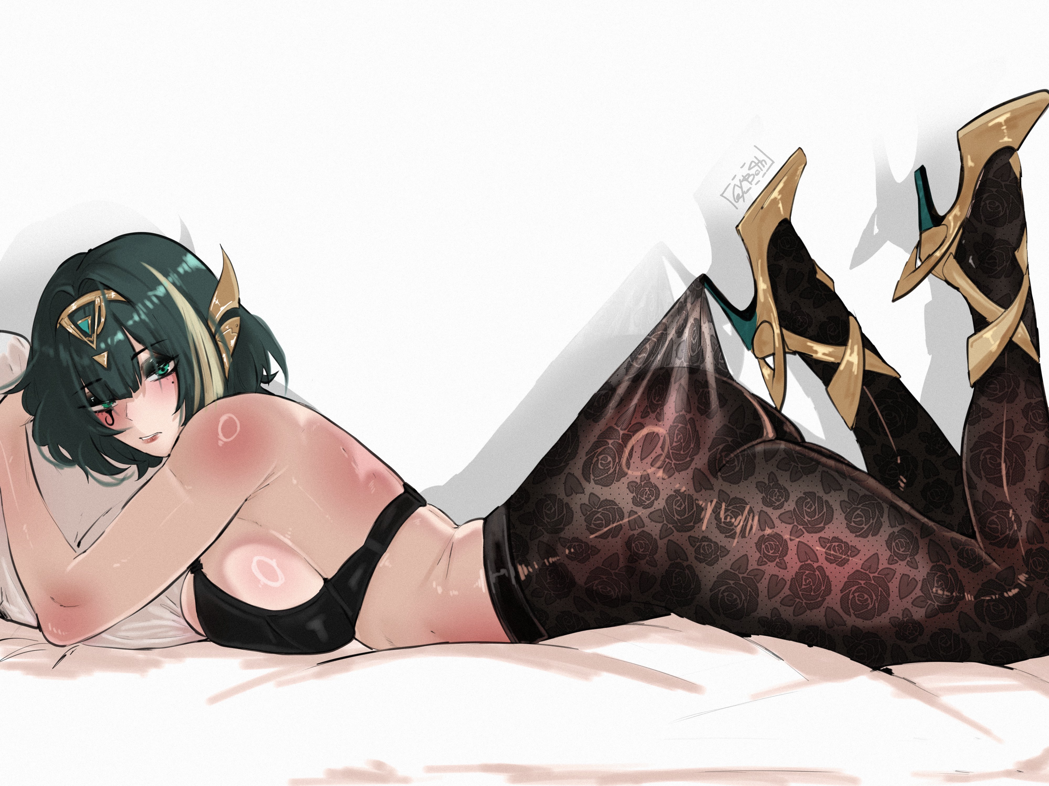 1girls, ass, breasts, female, female focus, female only, genshin impact, gybeth, high heels, lace pantyhose hooked on heel (meme), large ass, large breasts, light skin, light-skinned female, looking at viewer, meme, nefer (genshin impact), pantyhose, pantyhose pull, solo, thick thighs, thighs, wide hips