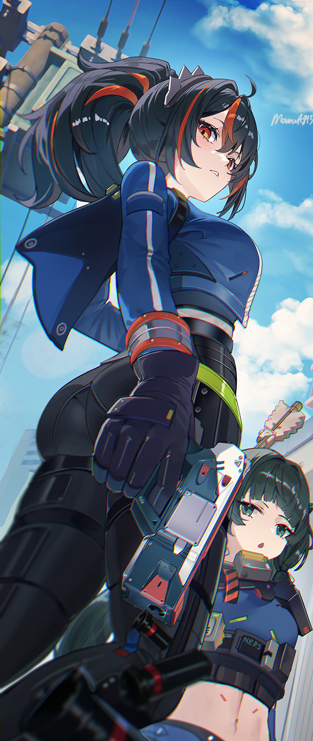2girls, android, ass, black hair, blue jacket, blue sky, commentary request, day, female, female only, from below, green eyes, green hair, gun, hairband, high-waist pants, highres, holding, holding gun, holding weapon, holster, jacket, looking at viewer, maanu, metal hairband, midriff, multicolored hair, multiple girls, pants, parted lips, police, police uniform, policewoman, ponytail, qingyi (zenless zone zero), red eyes, red hair, robot girl, shoulder holster, sky, streaked hair, tight clothes, tight pants, weapon, zenless zone zero, zhu yuan