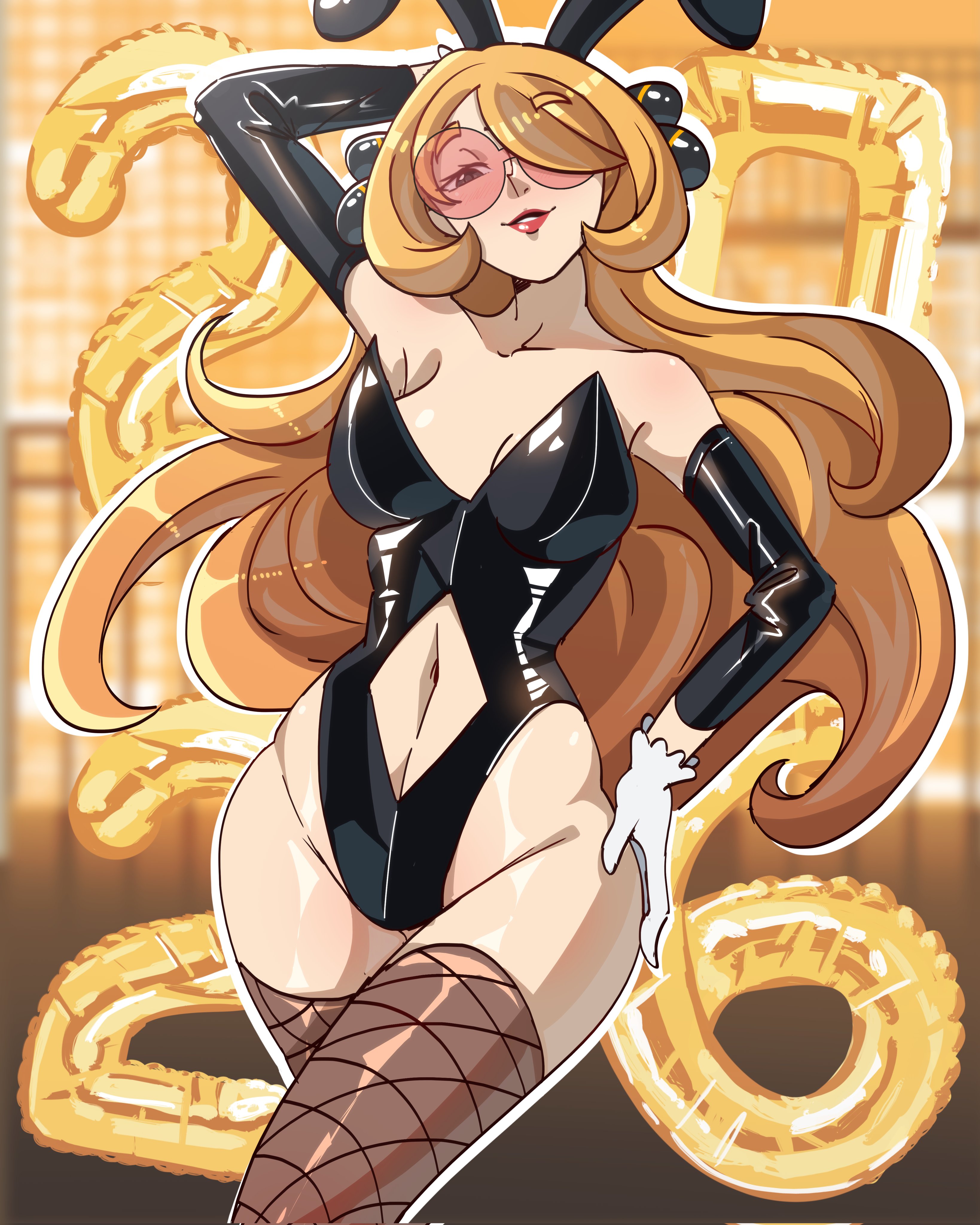 1girls, 2026, absurdres, alt text, animal ear hairband, animal ears, arm up, balloon, bare shoulders, black clothing, black latex, black leotard, blonde hair, breasts, cleavage, clothing cutout, collarbone, commentary, cowboy shot, crossed legs, cynthia (pokemon), detached sleeves, english commentary, exceedxatu, fake animal ears, female, female only, fishnet thighhighs, fishnets, game freak, glasses, gloves, hair over glasses, hair over one eye, hairband, hand in own hair, hand on own hip, happy new year, highleg, highleg leotard, highres, holidays, latex clothing, latex gloves, latex suit, latex thighhighs, leotard, light skin, light-skinned female, lipstick, long hair, looking at viewer, mature female, milf, navel cutout, nintendo, number balloon, pale skin, pale-skinned female, parted lips, pink-tinted eyewear, playboy bunny, pokemon, pokemon champion, pokemon dppt, rabbit ear hairband, rabbit ears, red lips, red lipstick, round eyewear, smile, solo, standing, strapless, strapless leotard, thick thighs, thighhighs, thighs, tinted eyewear, twitter link, watson cross, white gloves, yellow background